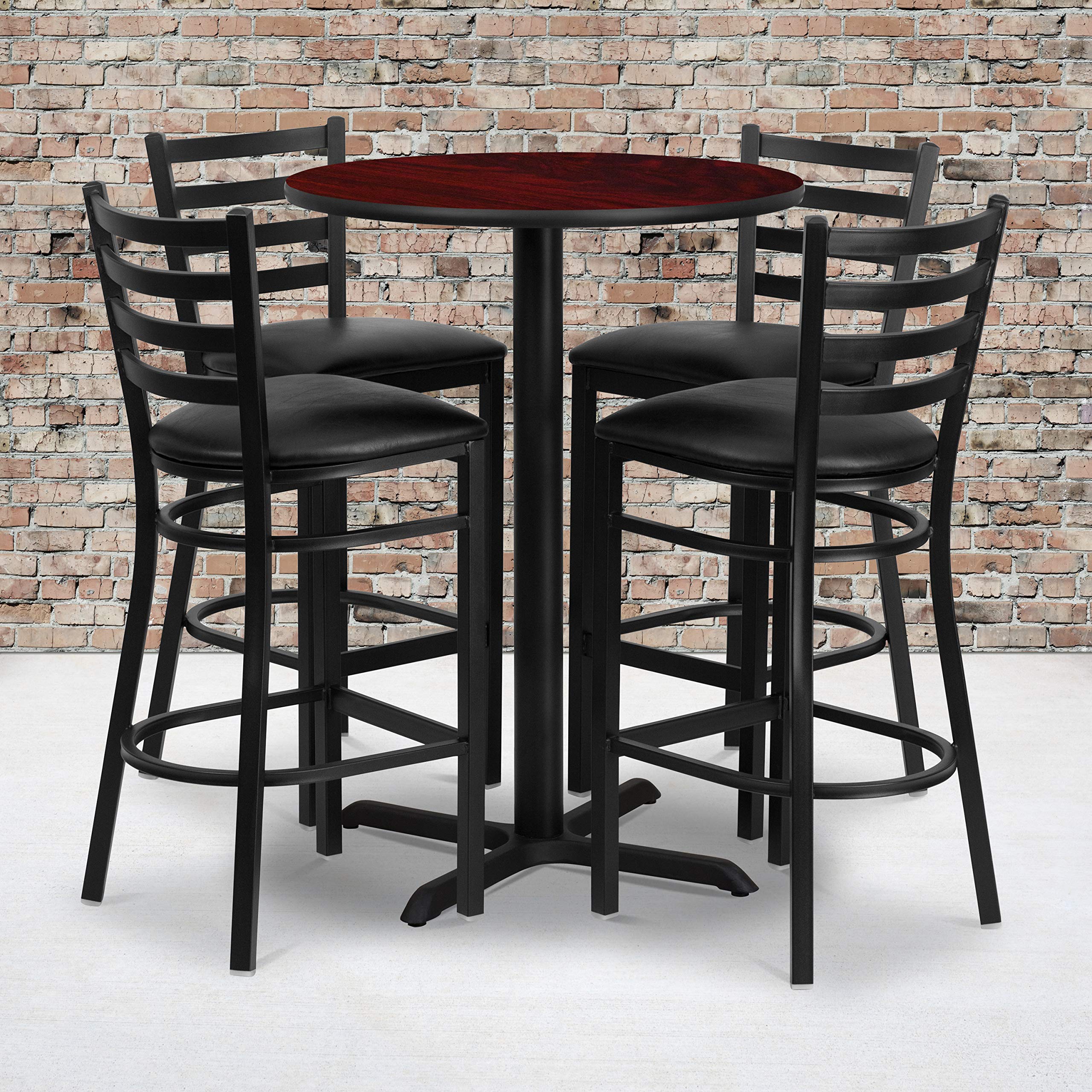 Flash Furniture 30'' Round Mahogany Laminate Table Set with X-Base and 4 Ladder Back Metal Barstools - Black Vinyl Seat