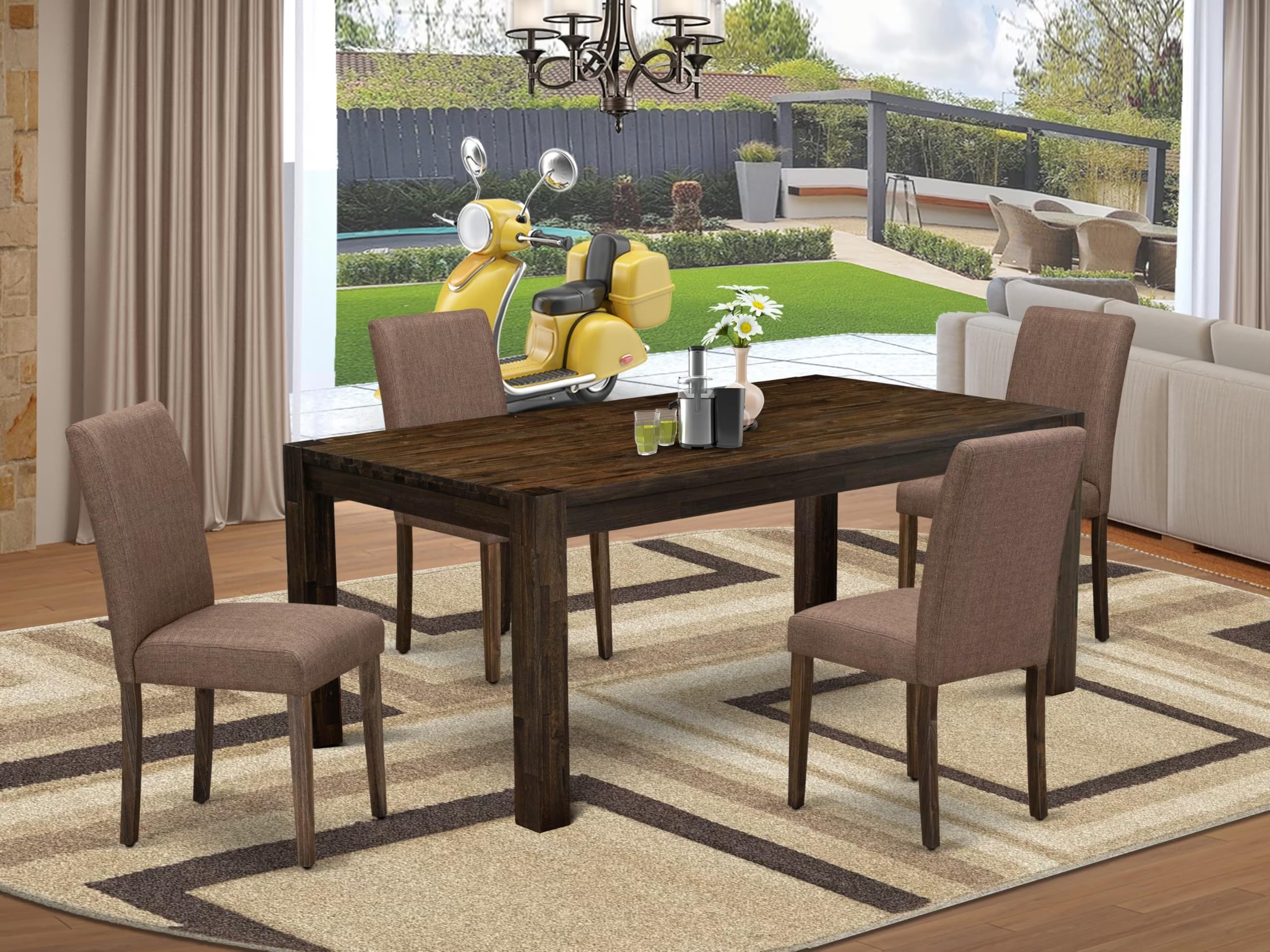 East West Furniture Lmab5-77-47 5 Piece Kitchen Table Set For 4 Includes A Rectangle Rustic Wood Dining Room Table And 4 Light Sable Linen Fabric Parsons Chairs, 40X72 Inch, Jacobean