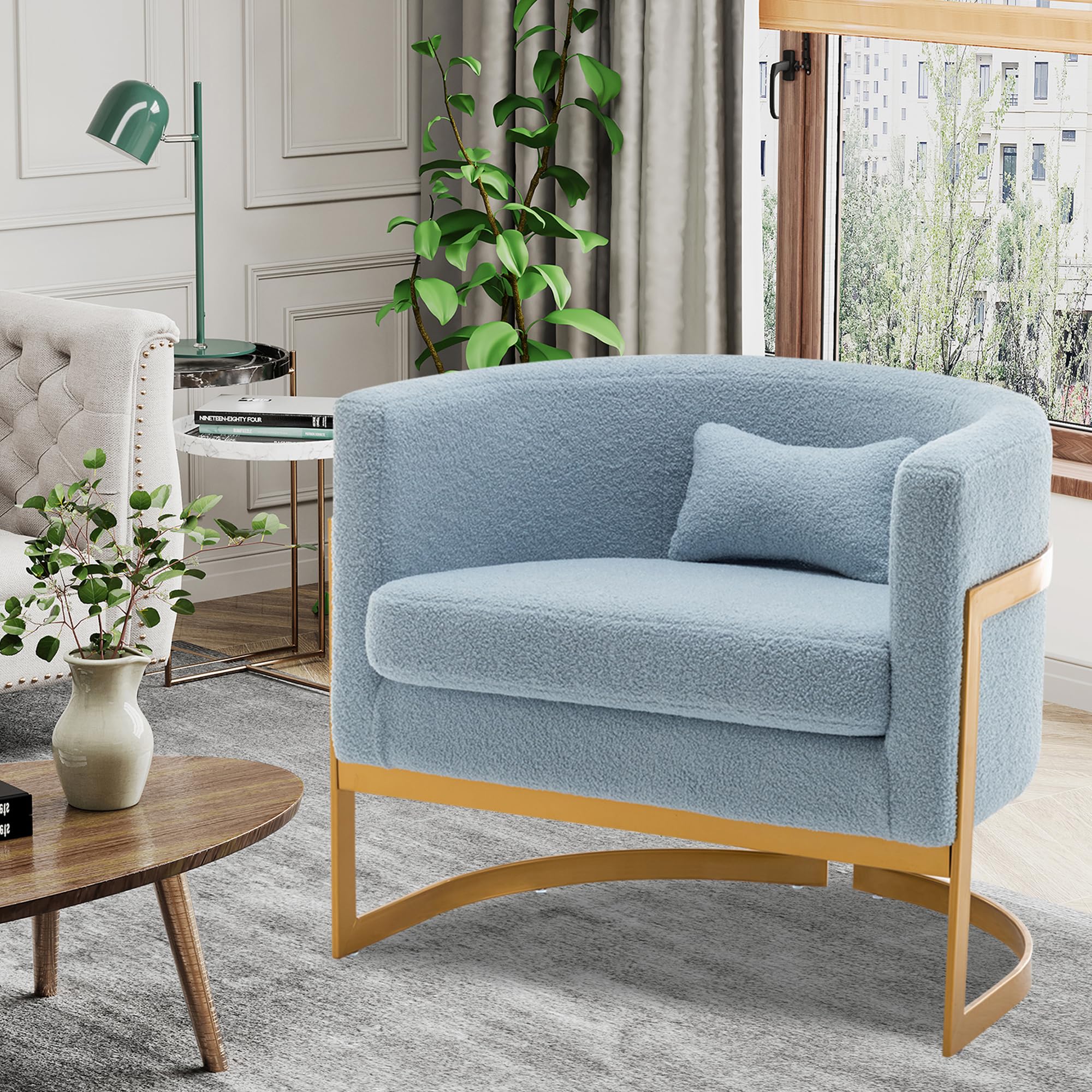Upholstered Living Room Chair Modern Barrel Accent Chair, Mid Century Teddy Armchair Comfy Lounge Chairs Sofa Tub Bucket Club Si