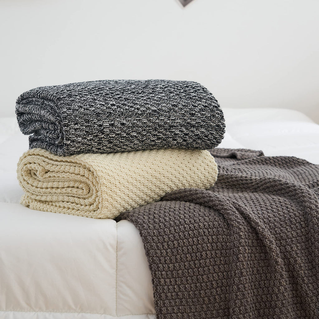 Longhui Bedding Black Knitted Throw Blanket For Couch, Soft, Cozy Machine Washable 100% Cotton Sofa Blanket, Heavy 2.5Lb Weight,