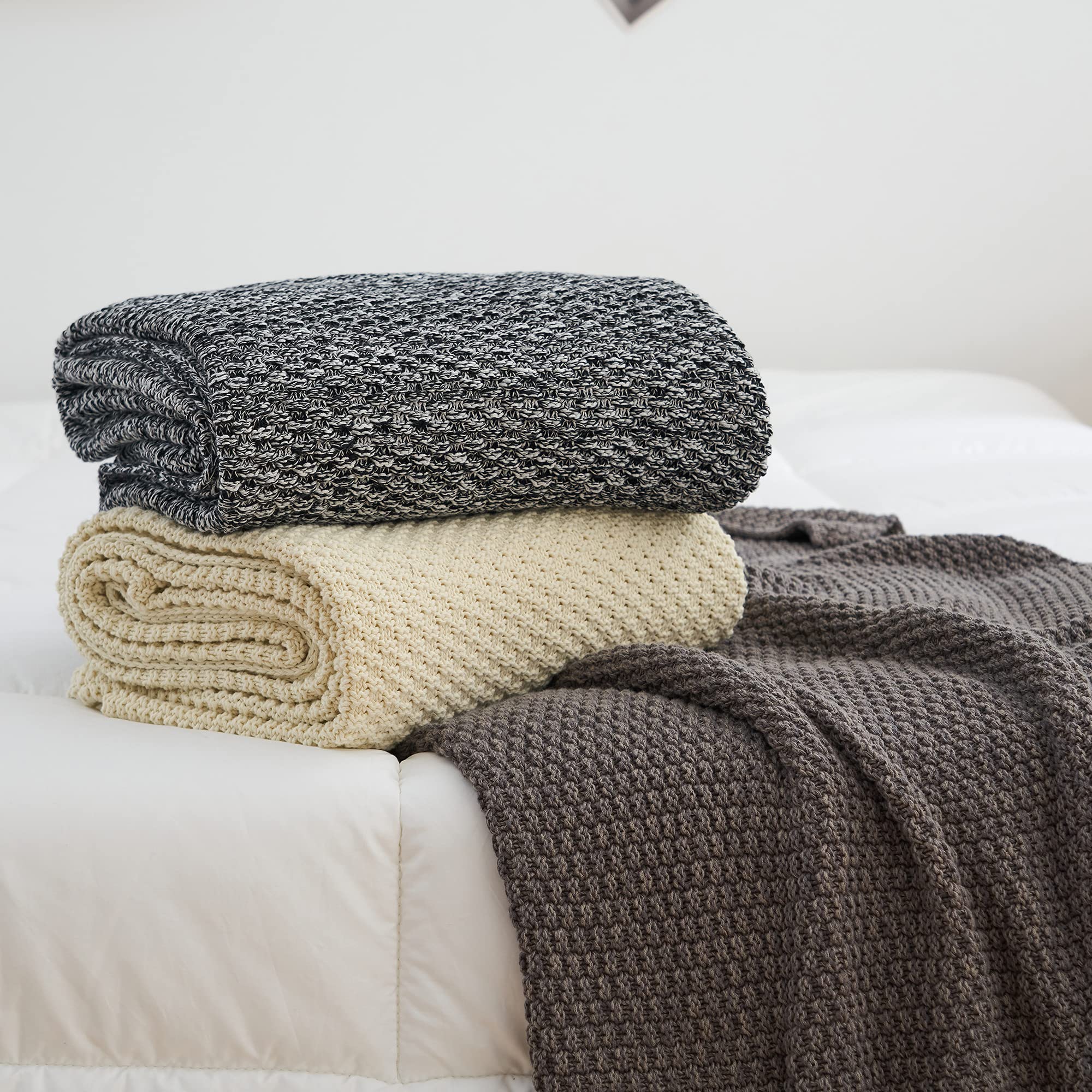 Longhui Bedding Black Knitted Throw Blanket For Couch, Soft, Cozy Machine Washable 100% Cotton Sofa Blanket, Heavy 2.5Lb Weight,