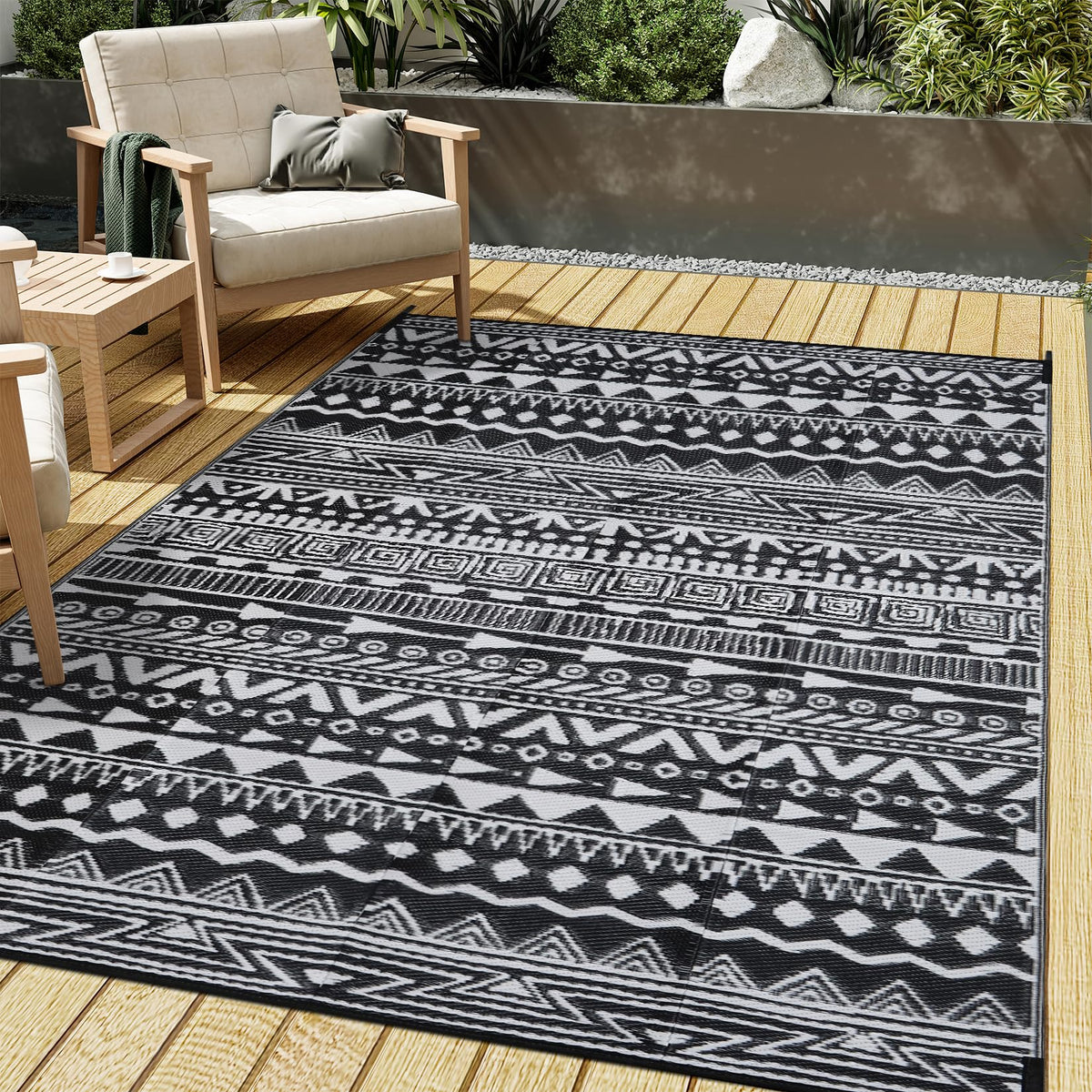 Purecozy Outdoor Plastic Straw Rug Navy Blue Waterproof Indoor Outdoor Patio Rug 5X8 Carpet Geometric Reversible Mat Modern Wash