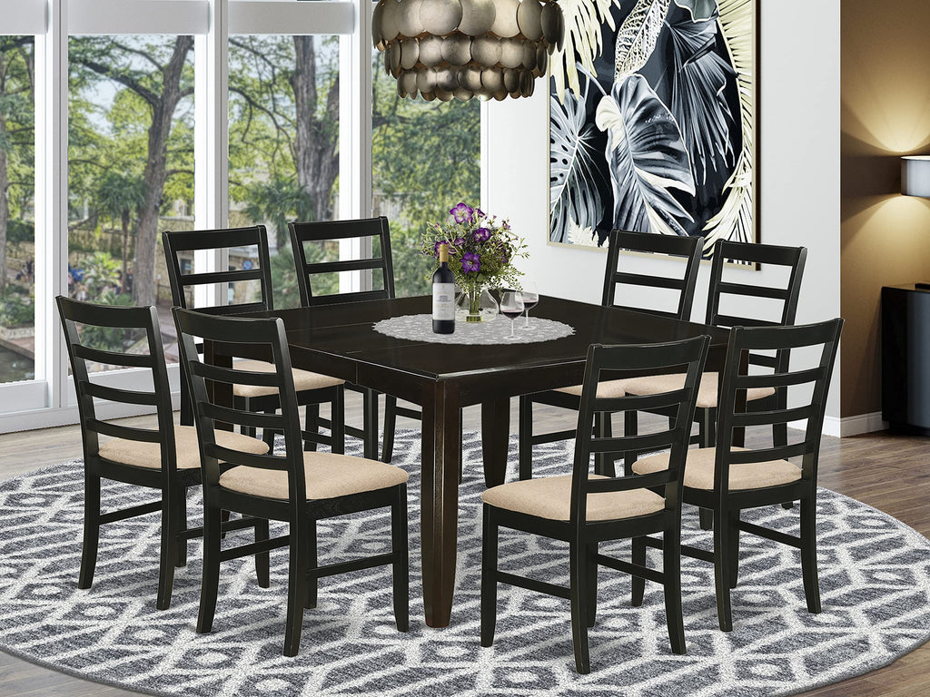 East West Furniture PARF9-CAP-C 9 Piece Dining Table Set Includes a Square Dining Room Table with Butterfly Leaf and 8 Linen Fabric Upholstered Chairs, 54x54 Inch, Cappuccino
