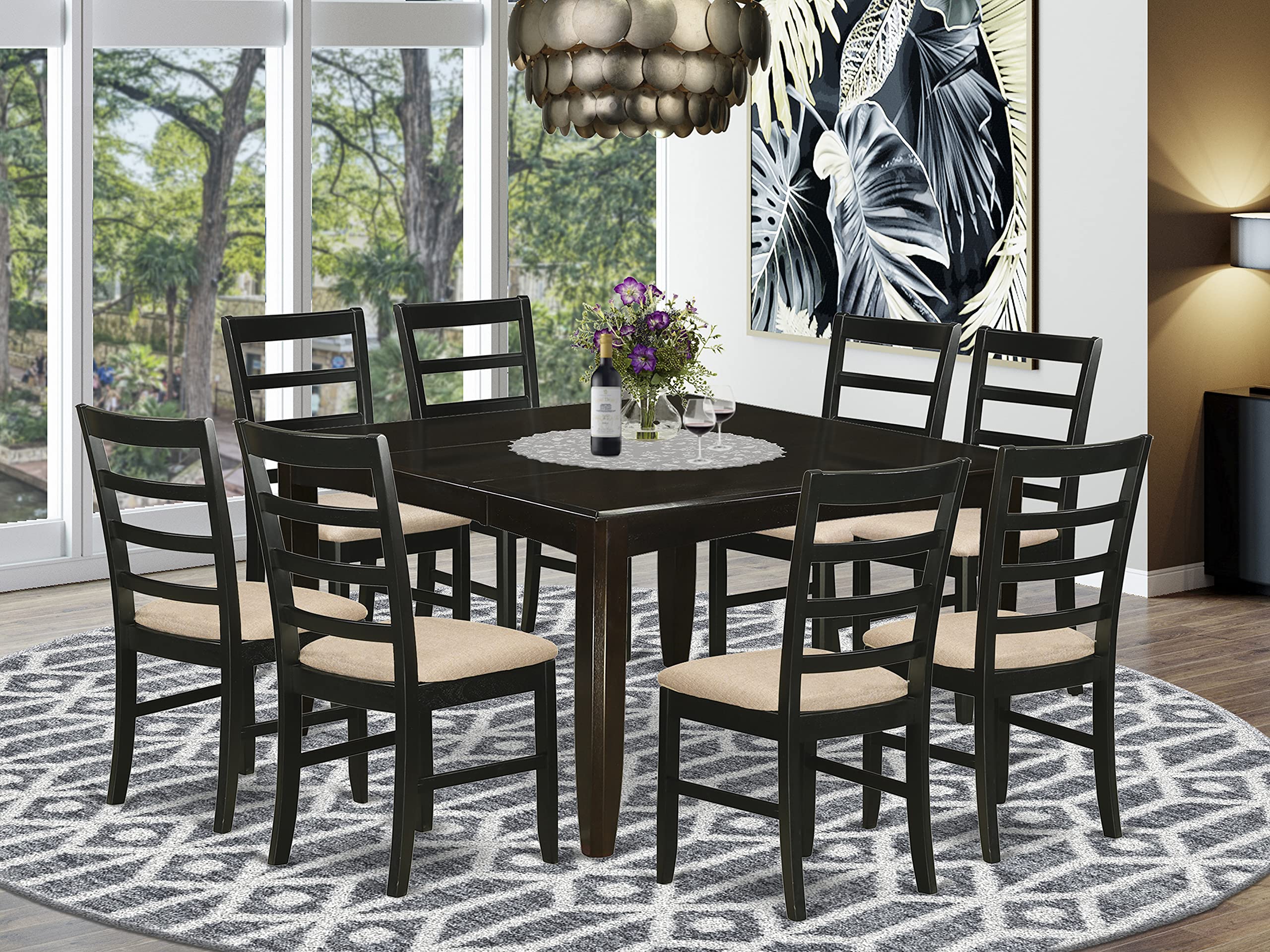 East West Furniture PARF9-CAP-C 9 Piece Dining Table Set Includes a Square Dining Room Table with Butterfly Leaf and 8 Linen Fabric Upholstered Chairs, 54x54 Inch, Cappuccino