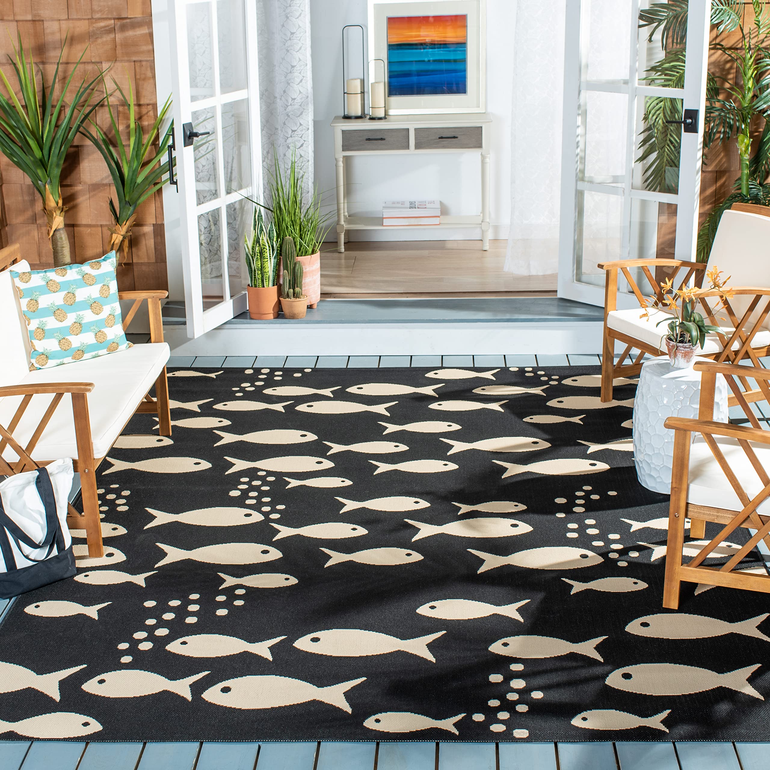Safavieh Courtyard Collection 7'1' Square Black/Beige Cy6012 Indoor/ Outdoor Waterproof Easy Cleaning Patio Backyard Mudroom Ar