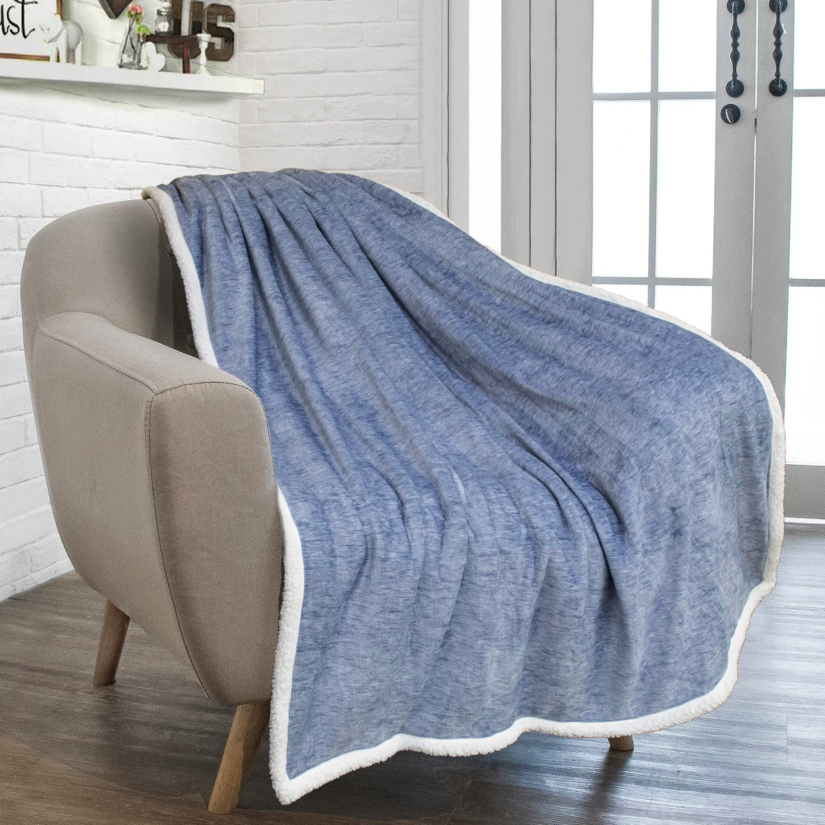 Pavilia Melange Blue Sherpa Blanket Throw For Couch, Warm Soft Cozy Reversible Blanket Sofa Bed, Thick Plush Large Fleece Car Bl