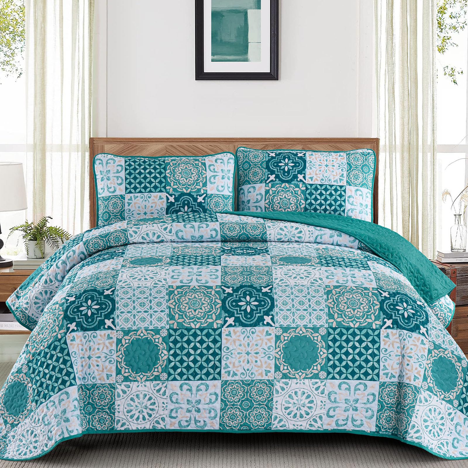 Dobuyly Teal Quilt Set King Size, Boho Turquoise Plaid Patchwork Bedspreads Coverlet Set, 3 Pieces Soft Lightweight Microfiber B