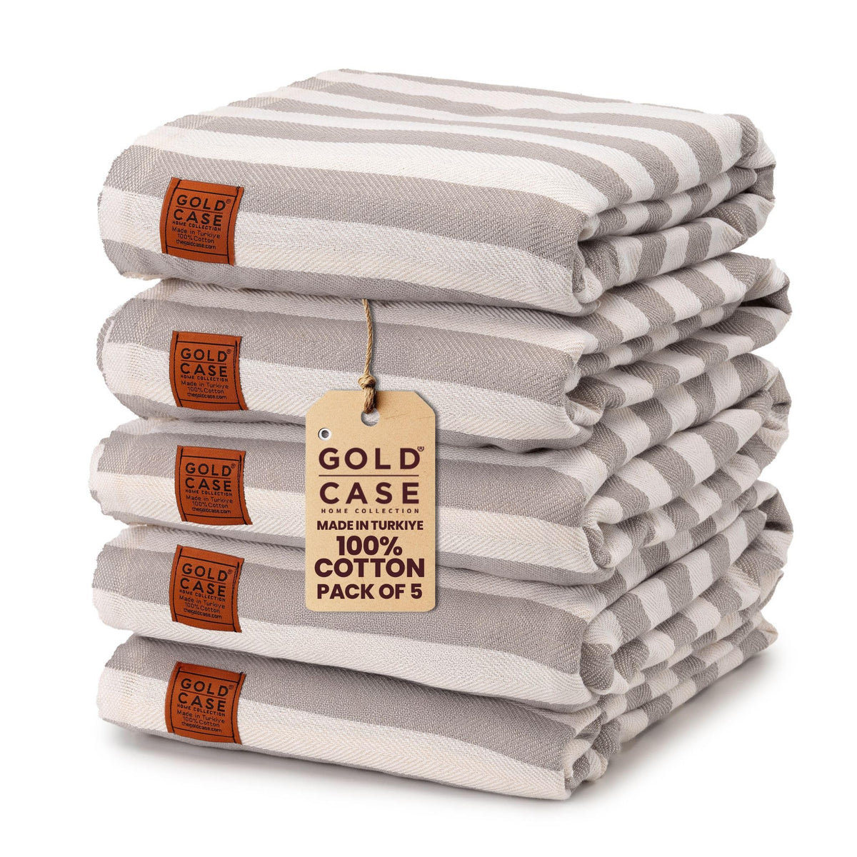 Gold Case Set of 5 XXL Smyrna Pestemal Turkish Bath Towel 100% Cotton Grey