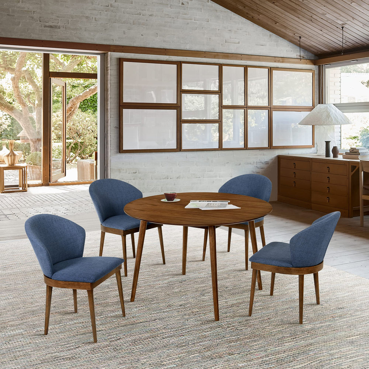Armen Living Arcadia and Juno 5 Piece Dining Set, 48'' Round, Blue/Walnut Wood