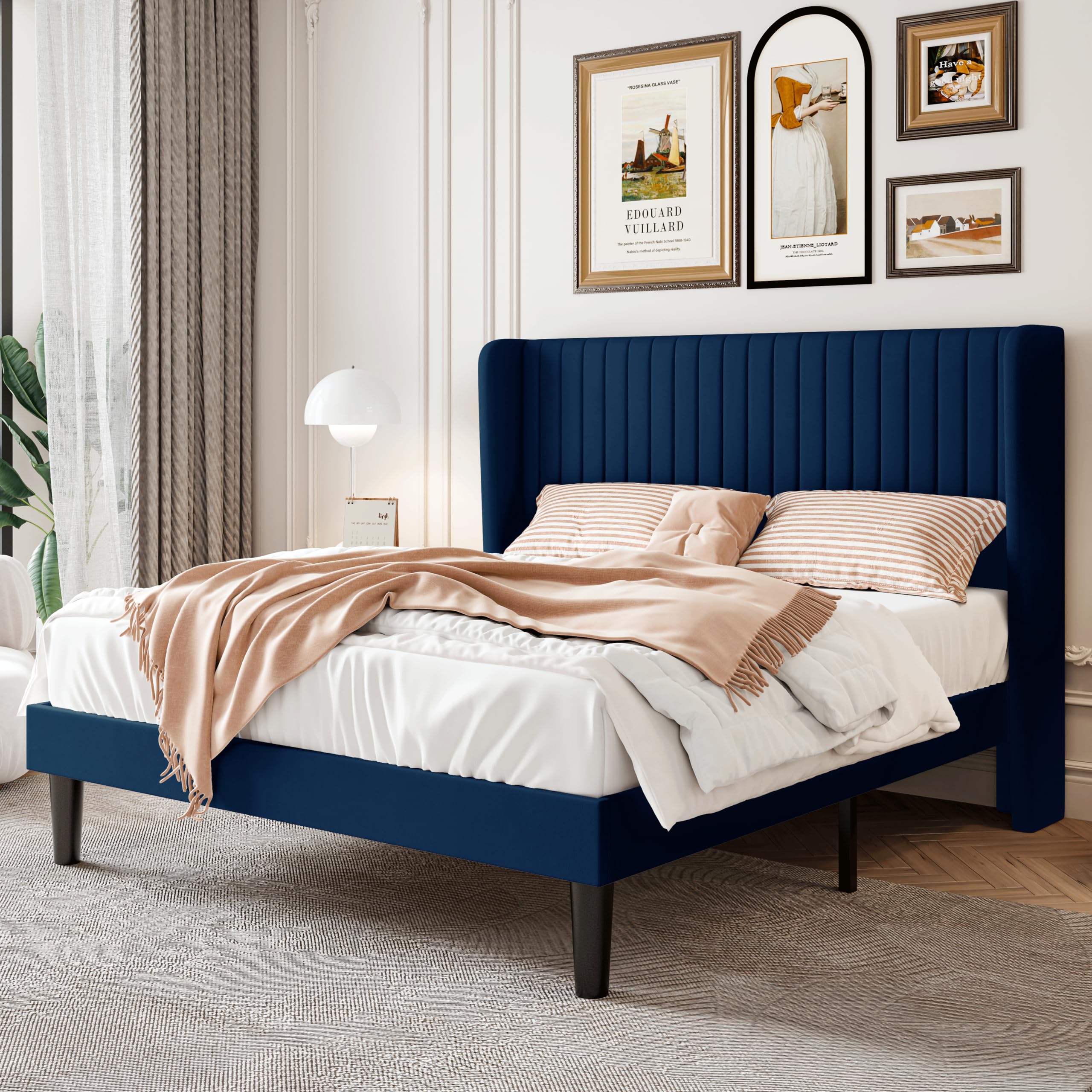 Sha Cerlin Full Size Velvet Bed Frame With Vertical Channel Tufted Wingback Headboard, Upholstered Platform Bed With Wood Slats, No Box Spring Needed, Easy Assembly, Blue