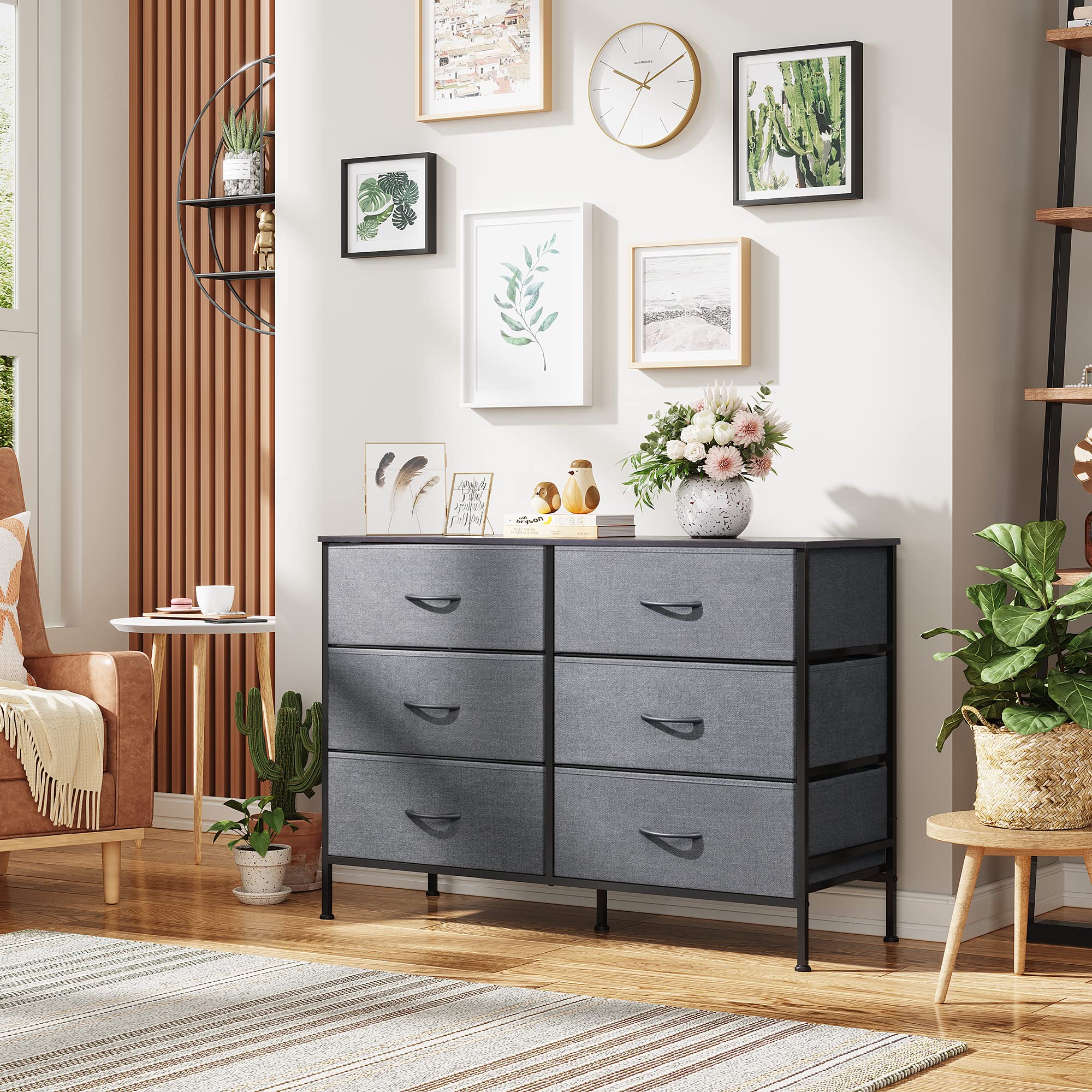 Wlive Dresser For Bedroom With 6 Drawers, Wide Fabric Dresser Tv Stand For 50 Inches Tv, With Metal Frame, Wooden Top, Fabric Storage Dresser For Bedroom, Hallway,Dark Gray
