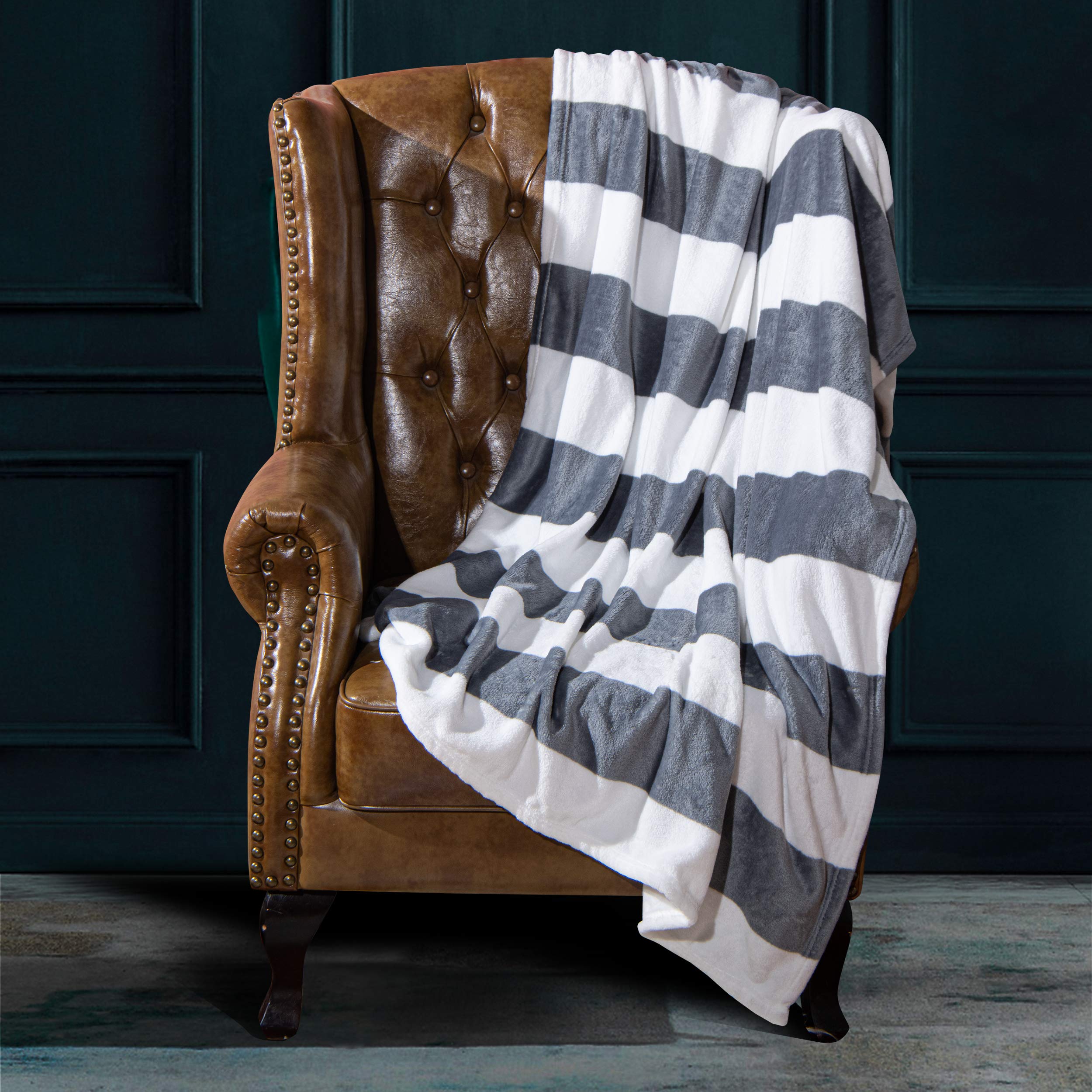 Ntbay Flannel Throw Blankets, Super Soft With Grey And White Striped Printed Bed Blanket, 51X68 Inches