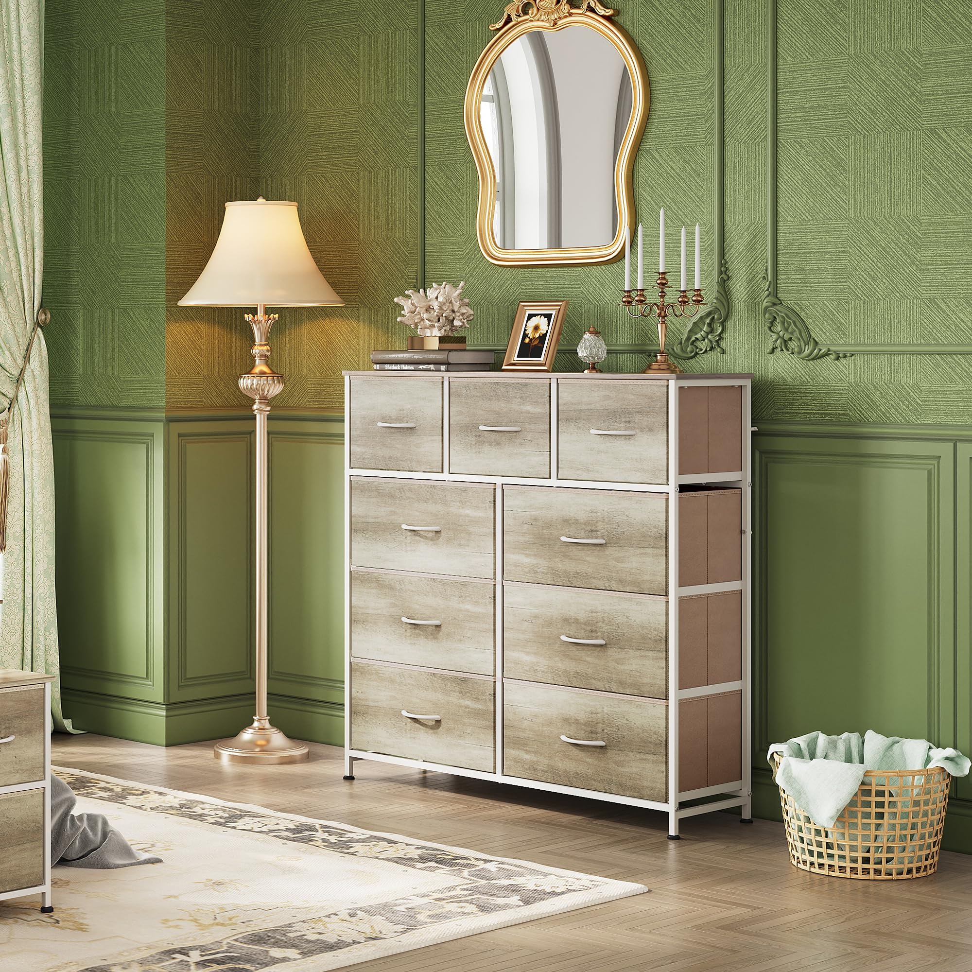 Wlive 9-Drawer Dresser, Fabric Storage Tower For Bedroom, Hallway, Nursery, Closet, Tall Chest Organizer Unit With Fabric Bins, Steel Frame, Wood Top, Easy Pull Handle, Greige