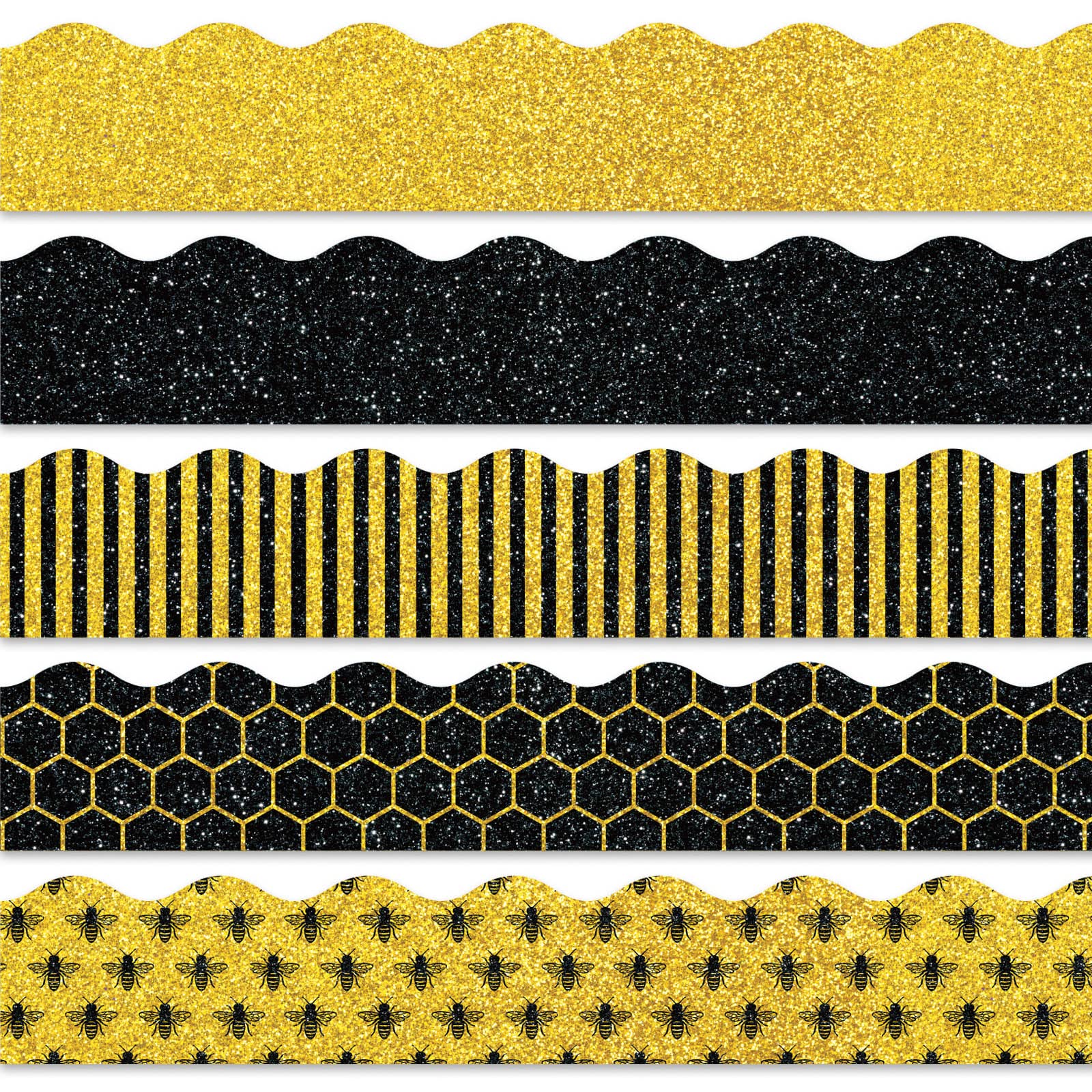 Whaline 69Ft Summer Glitter Bulletin Board Borders 5 Designs Yellow Black Bee Theme Decoration Trim Bee Bulletin Board Stickers