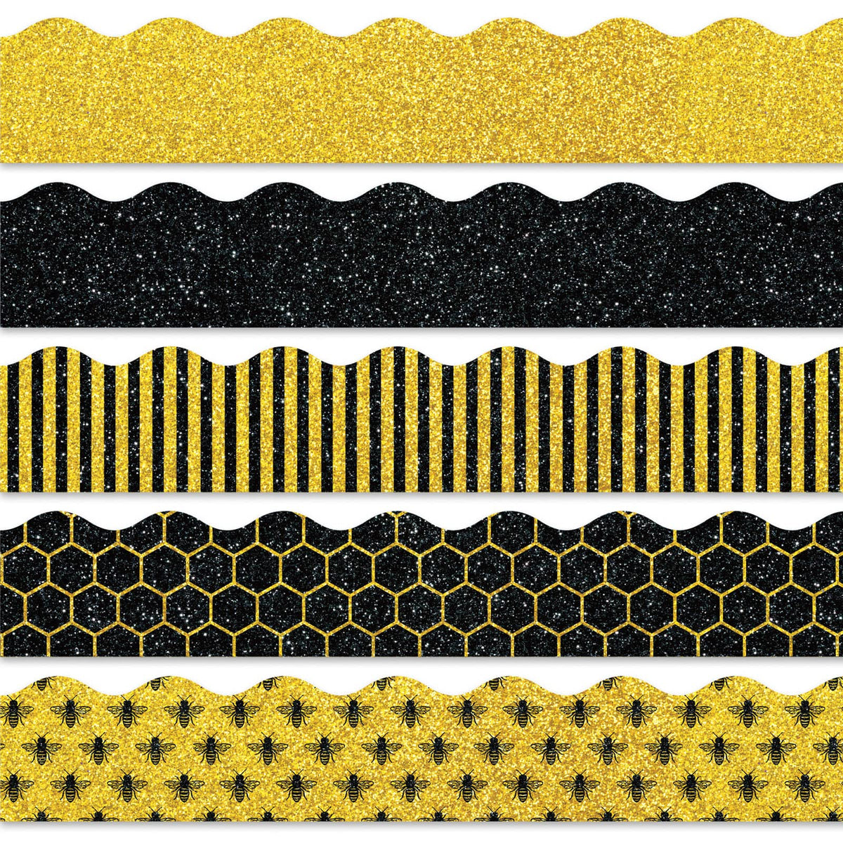 Whaline 69Ft Summer Glitter Bulletin Board Borders 5 Designs Yellow Black Bee Theme Decoration Trim Bee Bulletin Board Stickers