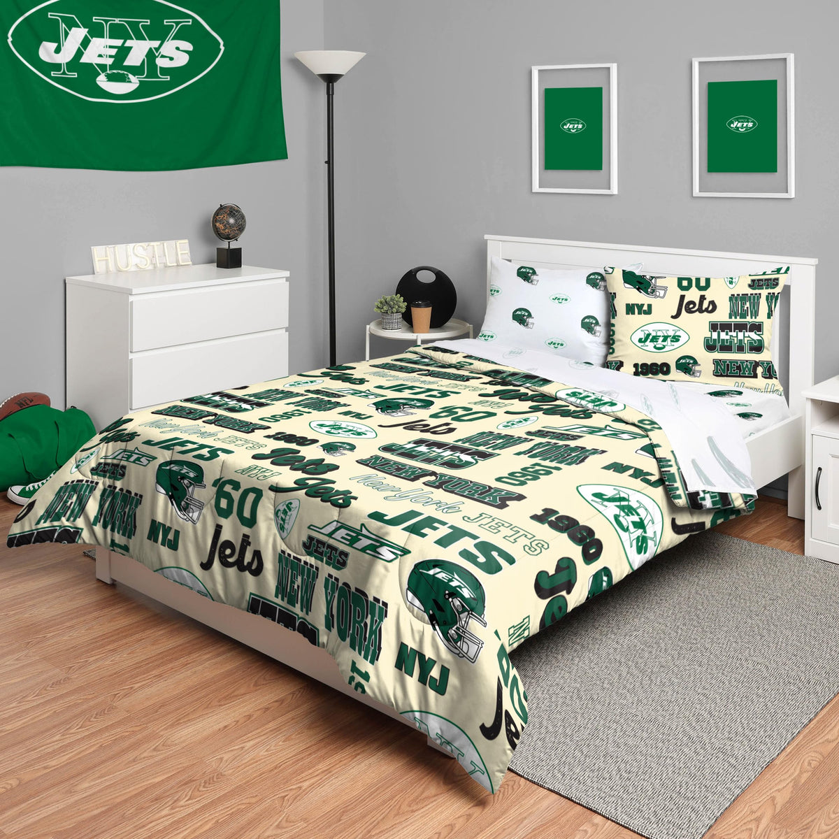 Foco New York Jets Nfl Retro Bed In A Bag Comforter Bedding 5 Piece Full Set