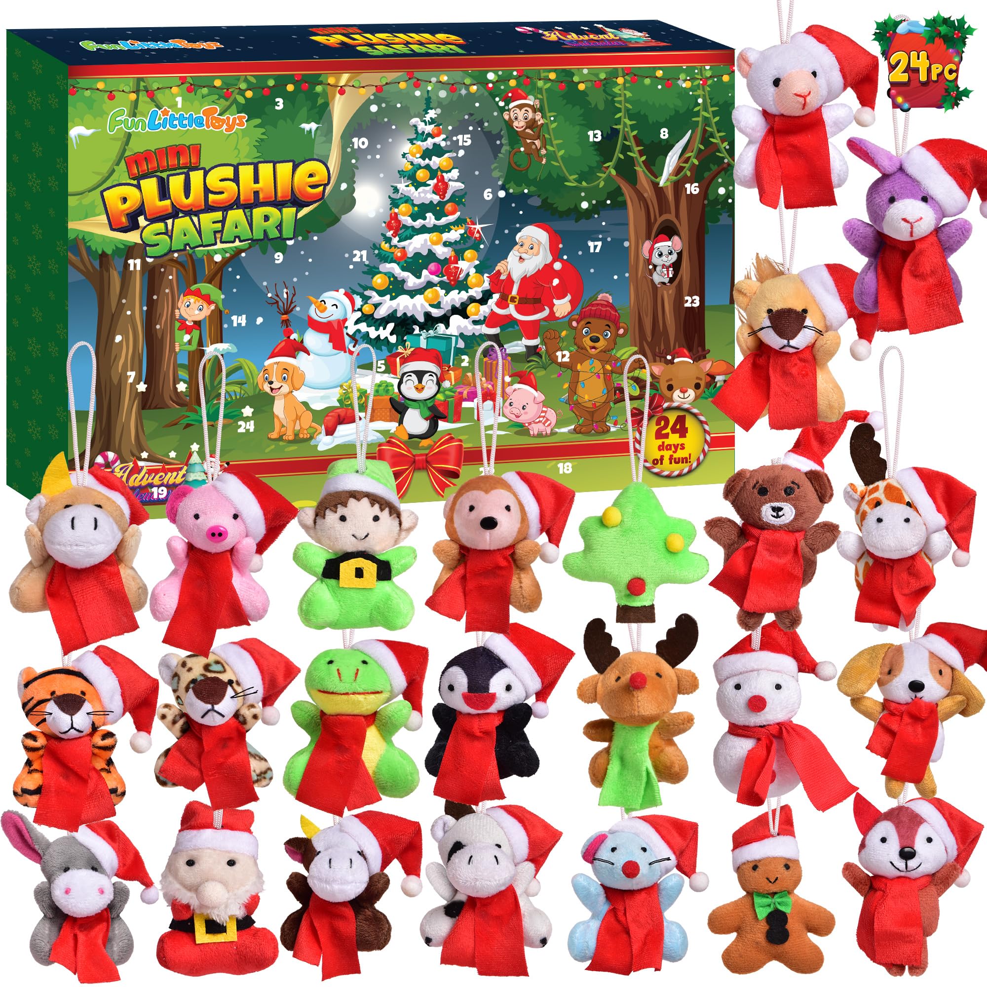 FUN LITTLE TOYS Mini Stuffed Animals Christmas Advent Calendar 2023 for Kids, Christmas Countdown Calendar with Assorted Mini An