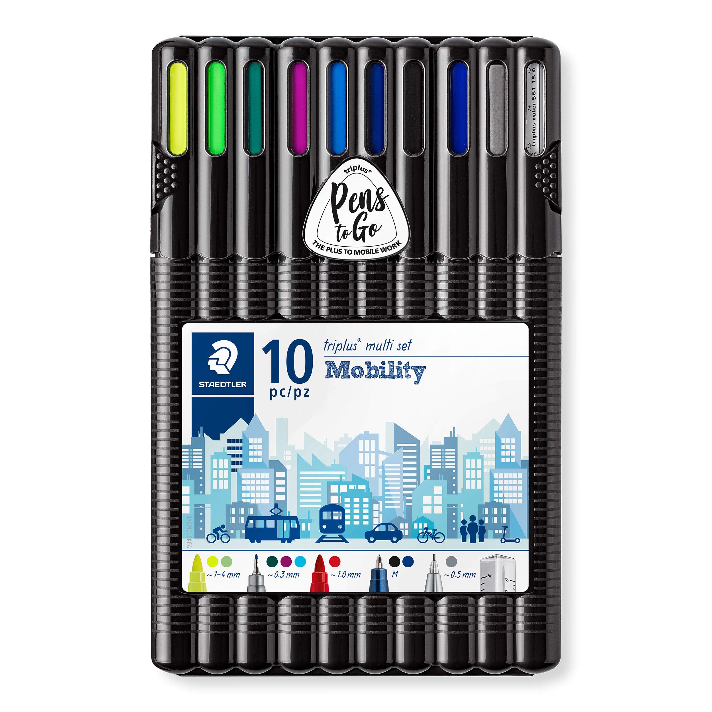 Staedtler 34 Sb10Ms Triplus Mobility Set, Desktop Box Of 10 Pieces For On-The-Go Working, Yellow,Blue,Green,Violet,Red,Black