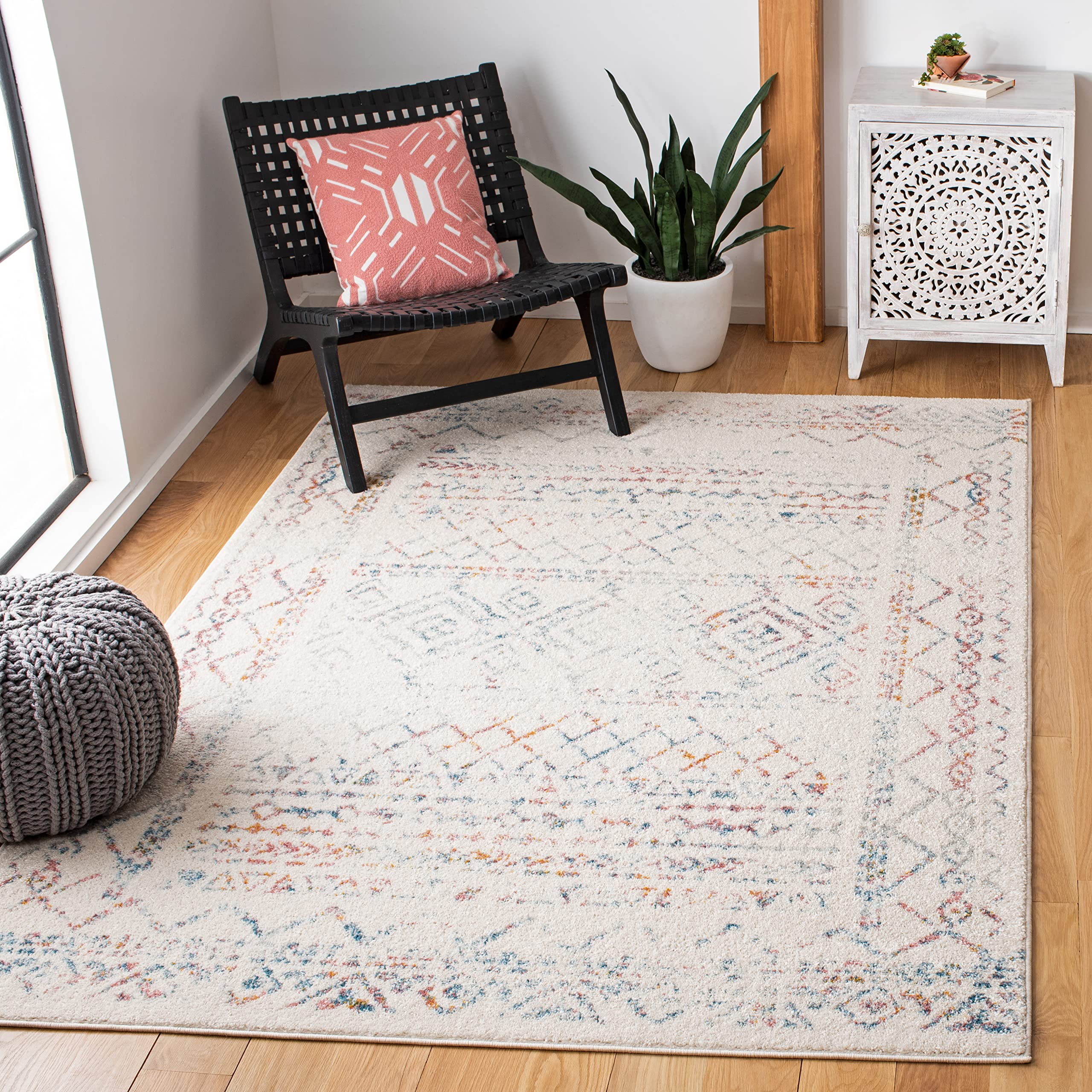 SAFAVIEH Tulum Collection 5 Square Ivory/Turquoise TUL268M Moroccan Boho Distressed Non-Shedding Area Rug