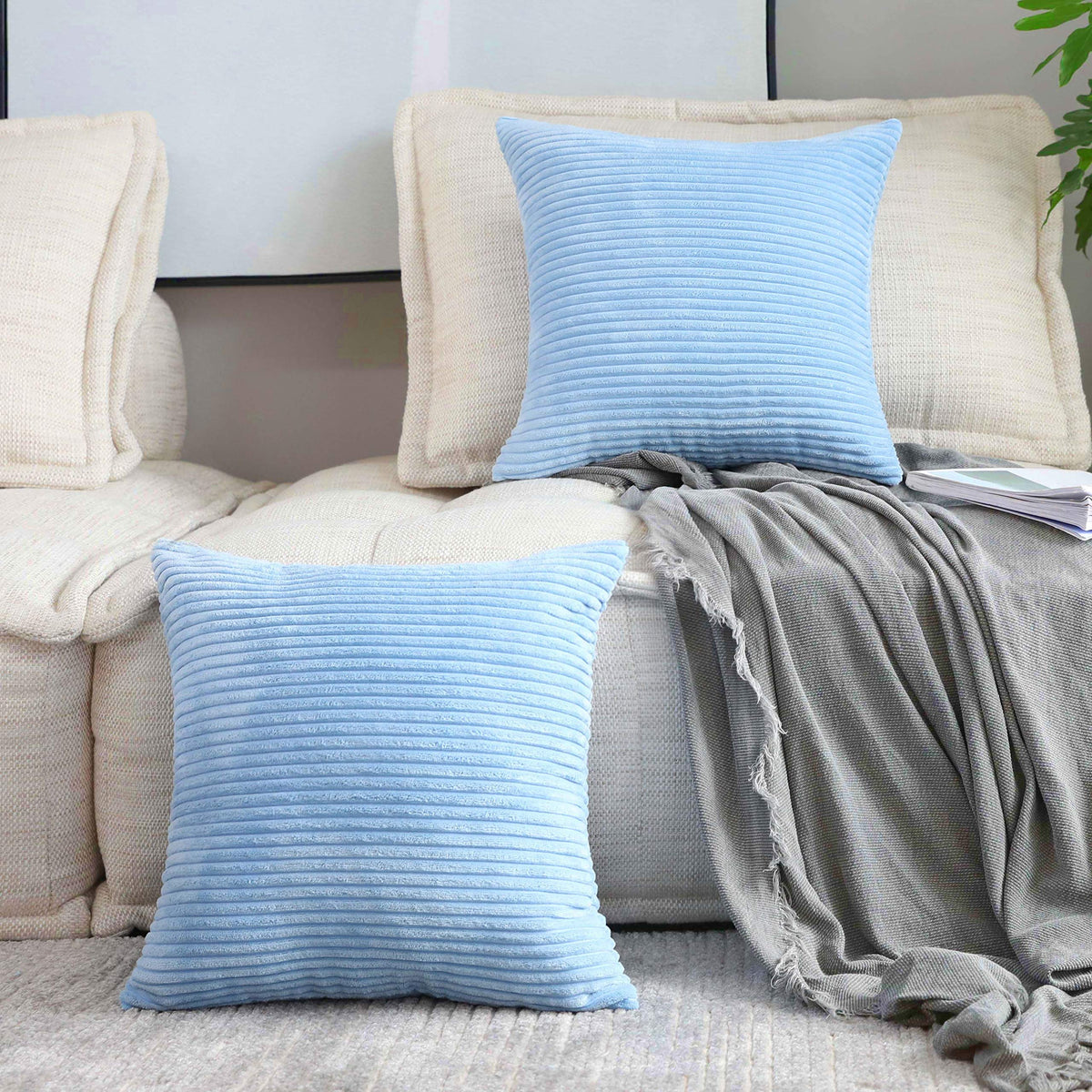 Home Brilliant Decor Super Soft Plush Corduroy Striped Throw Pillows Set Of 2 Cushion Covers For Sofa Couch Bed, 50X50 Cm, 20 X