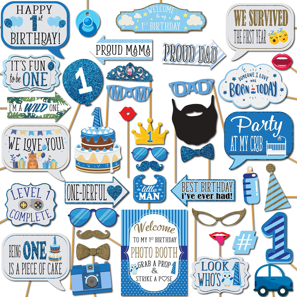 1st Birthday Boy Photo Booth Props - 41-pc Photobooth Kit with 8 x 10-Inch Sign, 60 Adhesive Pads, 45 Sticks - Photo Booth Props
