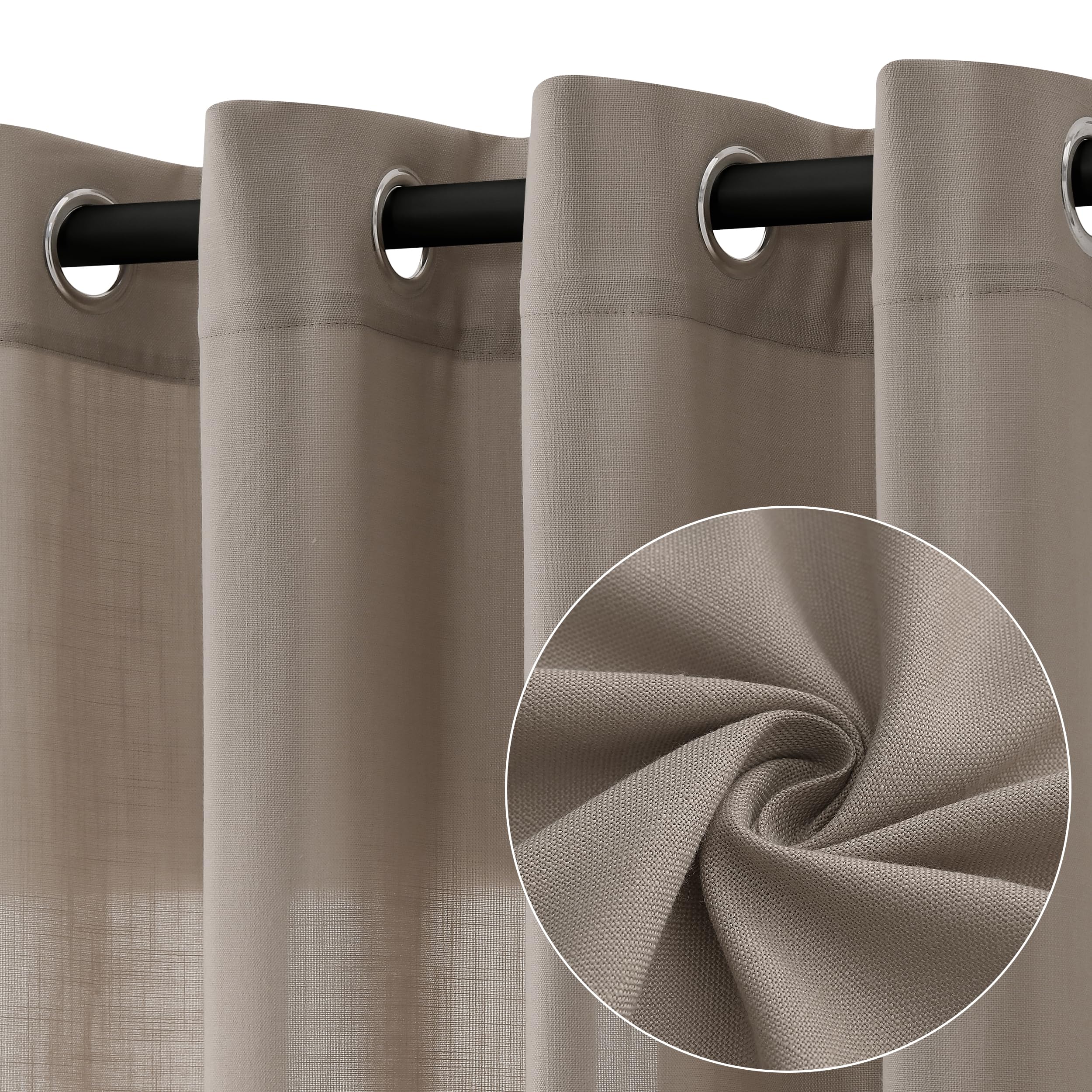 Jowels Taupe Linen Curtains 90 Inch Length 2 Panels For Living Room Bedroom, Light Filtering Sheer Curtains 90 Inches, Modern Gr
