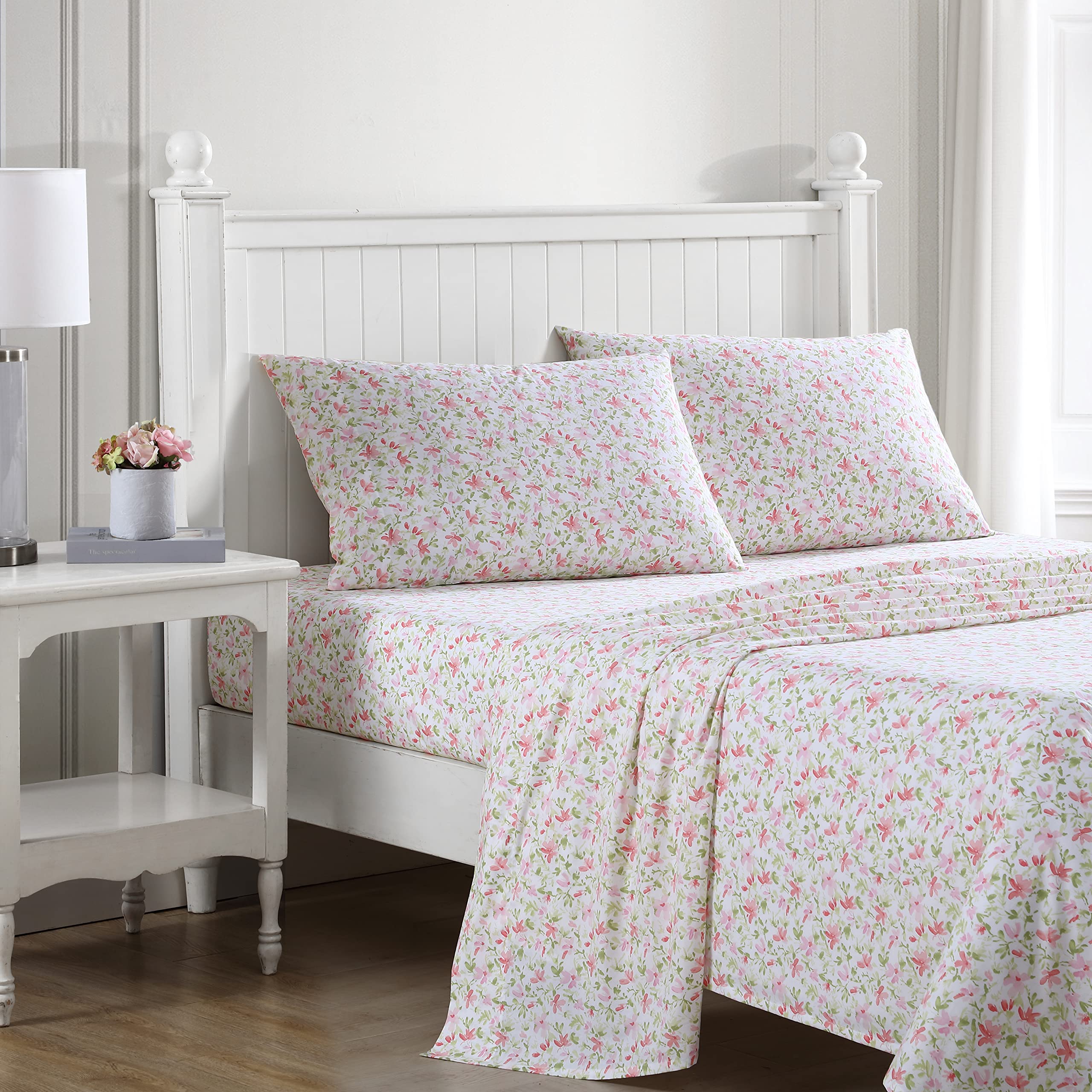 Laura Ashley - King Sheets, Cotton Percale Bedding Set, Crisp & Cool Home Decor (Norella Pink, King)