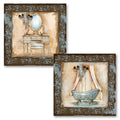 Gango Home D  cor Elegant Light Blue and Brown Clawfoot Bathtub and Vanity Set; Two 12x12in UNFRAMED Paper Posters