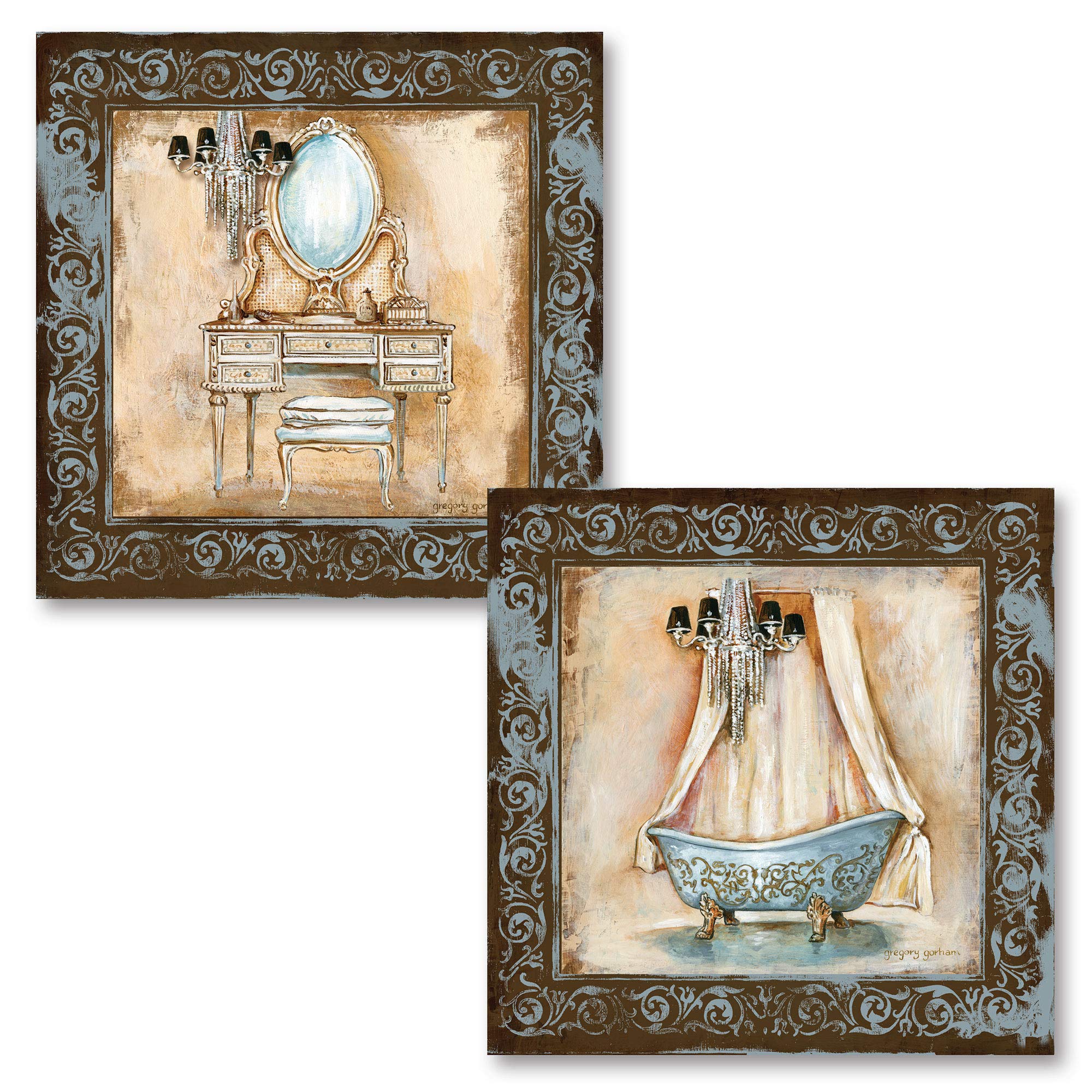 Gango Home D  cor Elegant Light Blue and Brown Clawfoot Bathtub and Vanity Set; Two 12x12in UNFRAMED Paper Posters