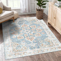 Vhong Washable Area Rugs Boho Vintage Neutral Modern Pale Blue 3x5 Non Slip Small Carpet for Living Room Dining Room Bedroom Far