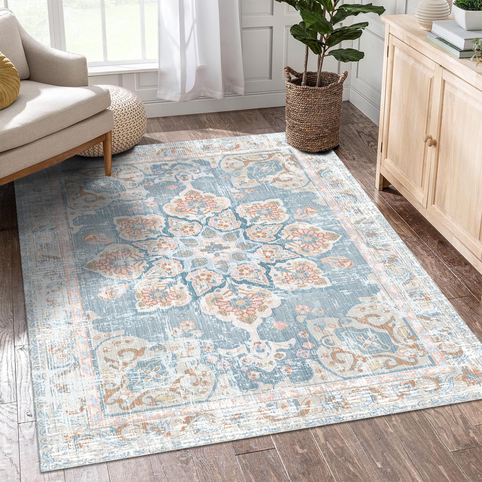 Vhong Washable Area Rugs Boho Vintage Neutral Modern Pale Blue 3x5 Non Slip Small Carpet for Living Room Dining Room Bedroom Far