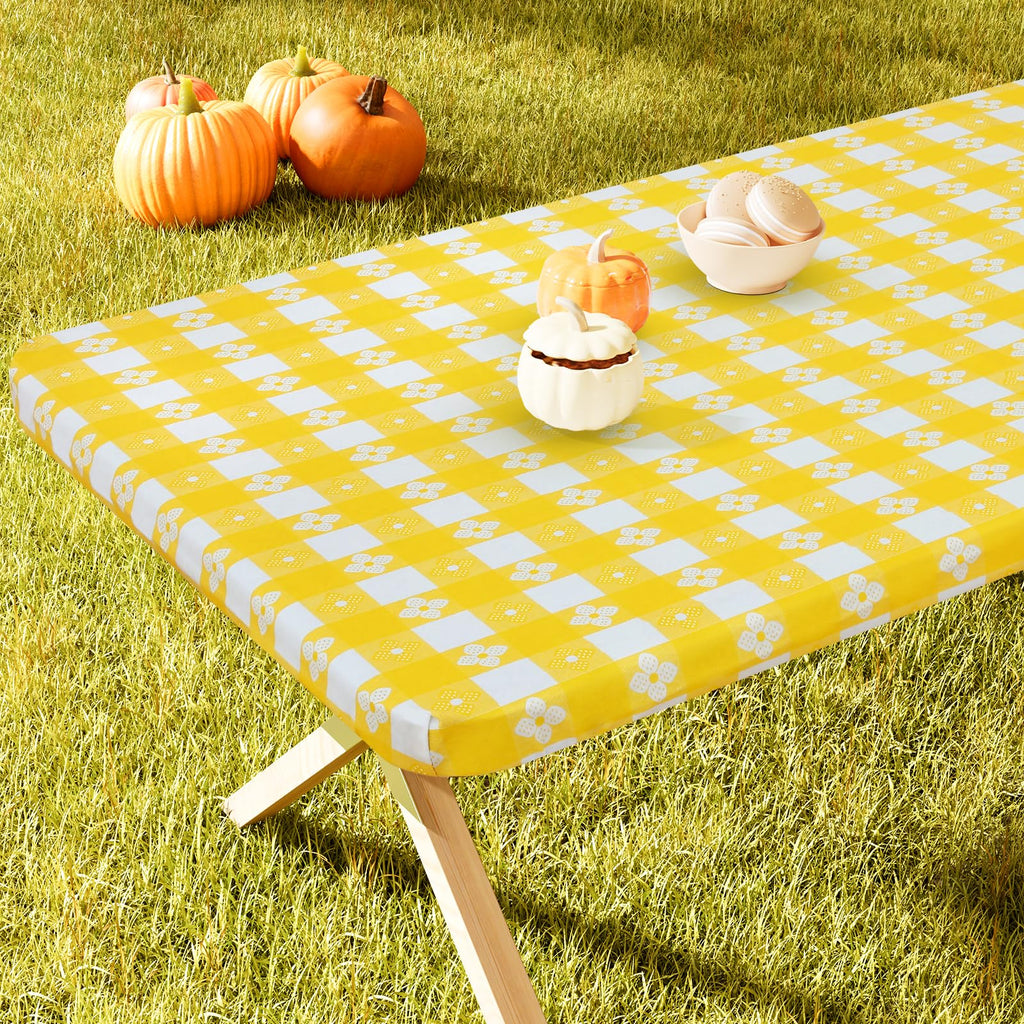 Spotjoy Rectangle Picnic Table Cloth, Waterproof Elastic Fitted Outdoor Table Covers For 8 Foot Tables, Flannel Backed Plastic T