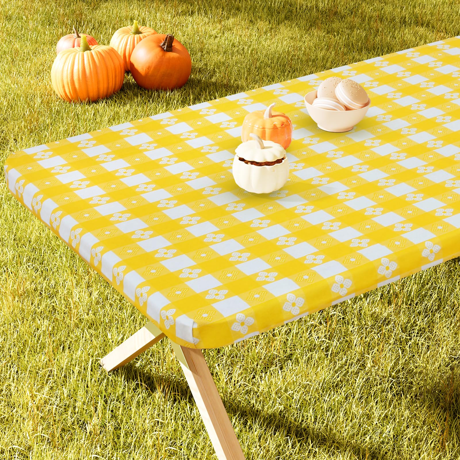 Spotjoy Rectangle Picnic Table Cloth, Waterproof Elastic Fitted Outdoor Table Covers For 8 Foot Tables, Flannel Backed Plastic T
