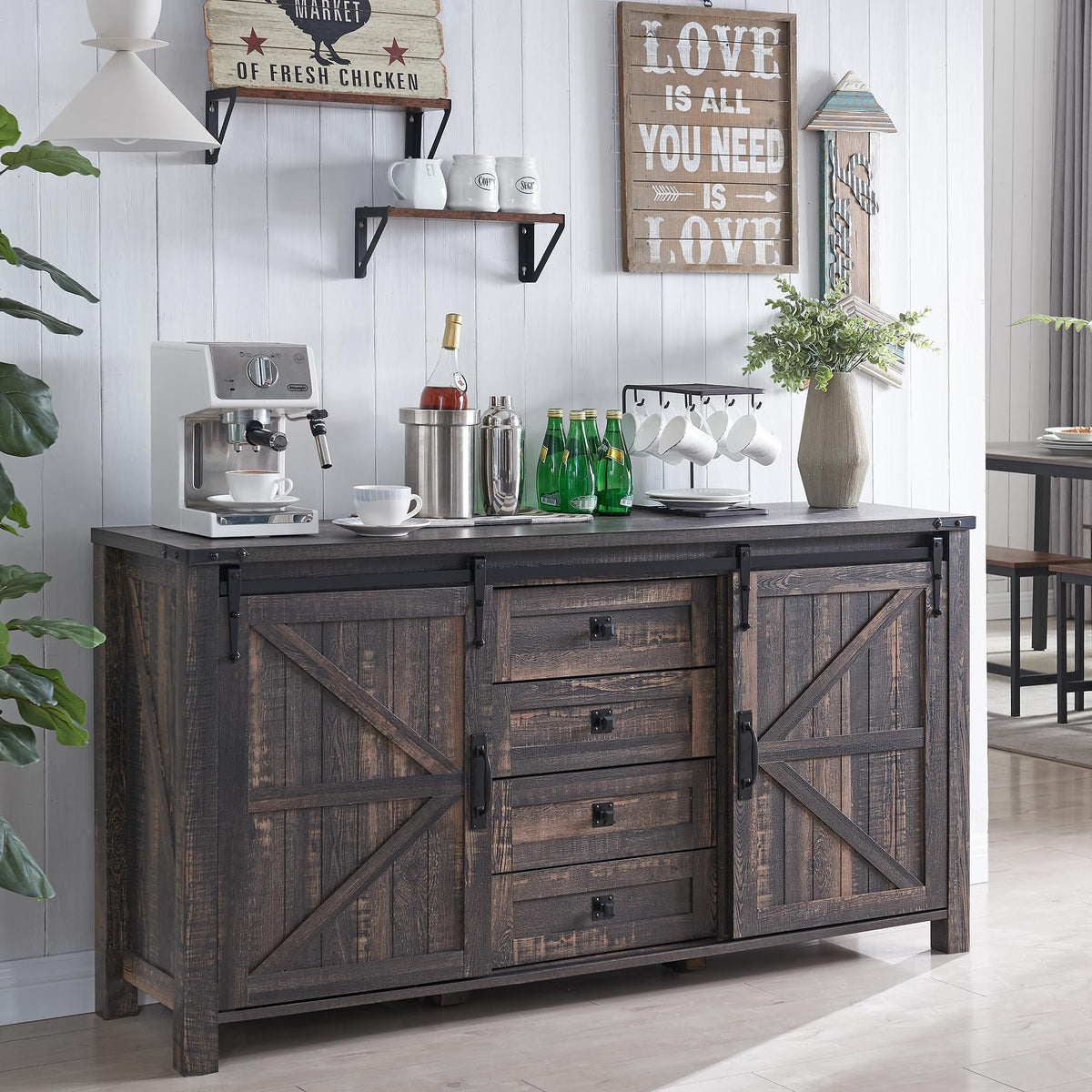 T4Tream Farmhouse Sideboard Buffet Cabinet With Storage, 60' Large Kitchen Cabinet W/Sliding Barn Doors And 4 Drawers, 31.2'' Tall Wood Coffee Bar Table For Dining Room, Antique White