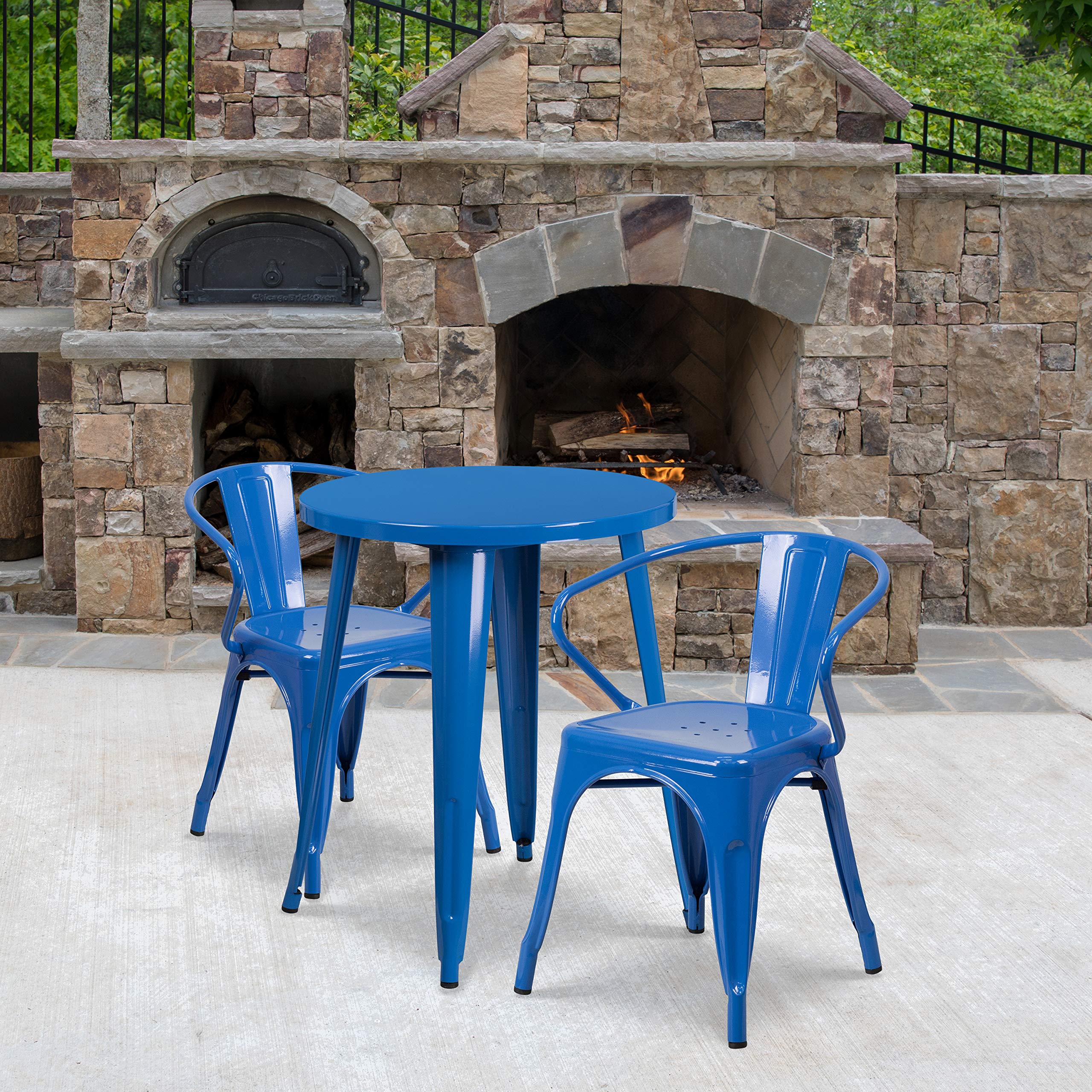 Flash Furniture Napoleon Commercial Grade 24" Round Blue Metal Indoor-Outdoor Table Set with 2 Arm Chairs