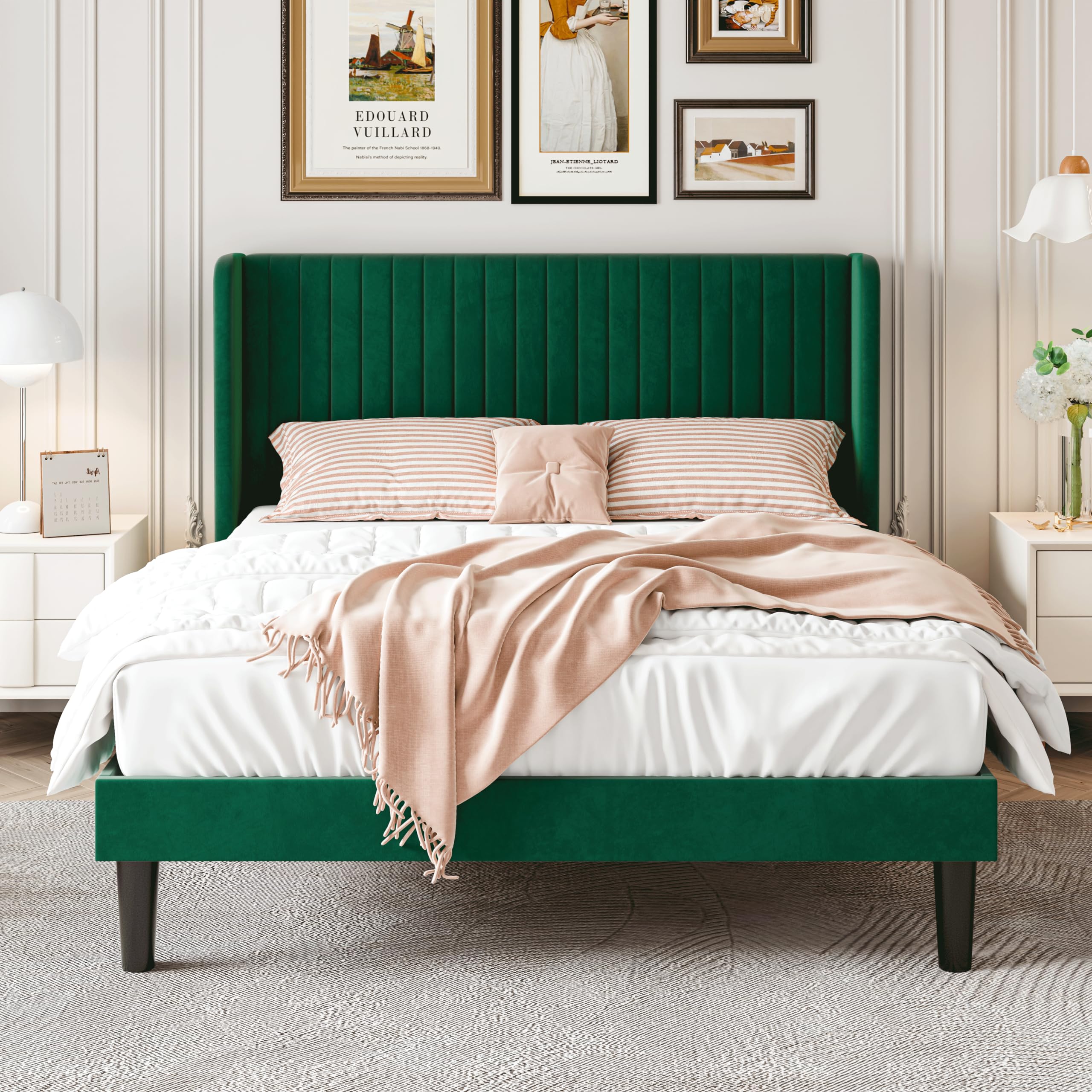 Sha Cerlin Queen Size Velvet Bed Frame With Vertical Channel Tufted Wingback Headboard, Upholstered Platform Bed With Wood Slats, No Box Spring Needed, Easy Assembly, Green