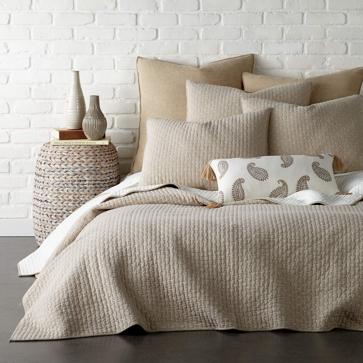 Levtex Home - Cross Stitch Quilt Set - 100% Cotton - King/Cal King (106X92In.) + 2 King Shams (36X20In.) - Taupe Quilt With Whit