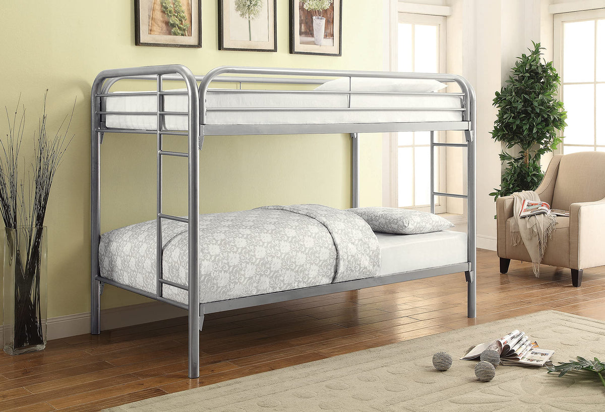 Coaster Home Furnishings Morgan Twin Over Twin Sturdy Metal Modern Bunk Bed Heavy Duty Steel Welded Slat Frame Easy Assembly Silver 2256V