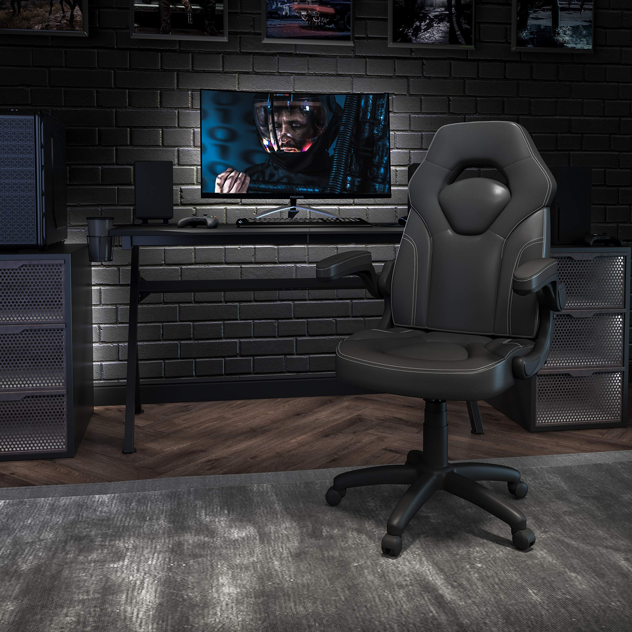 Flash Furniture X10 High-Back Leathersoft Racing Style Gaming Chair With Flip-Up Arms, Ergonomic Padded Swivel Computer Chair, Black