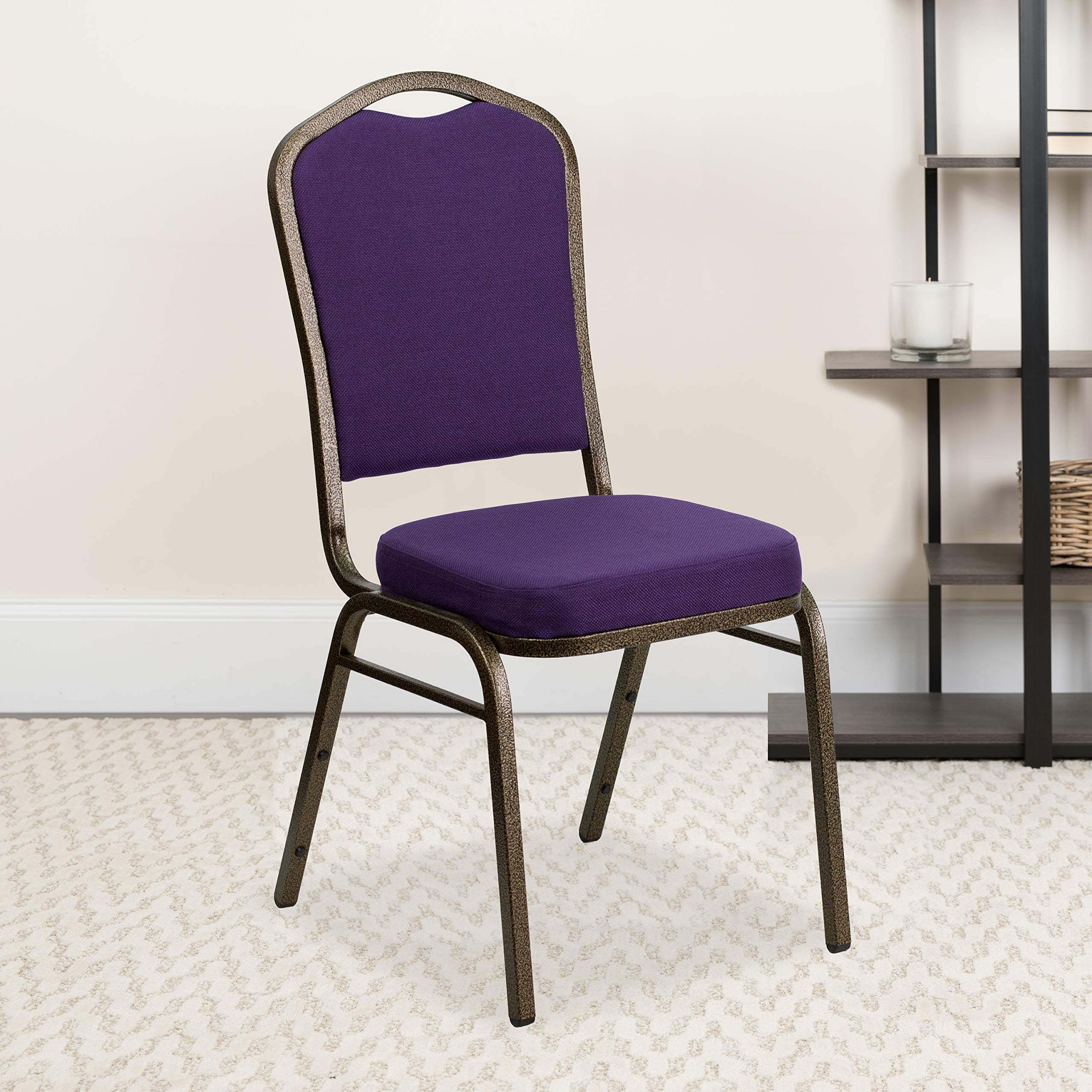 Flash Furniture HERCULES Series Crown Back Stacking Banquet Chair in Purple Fabric - Gold Vein Frame