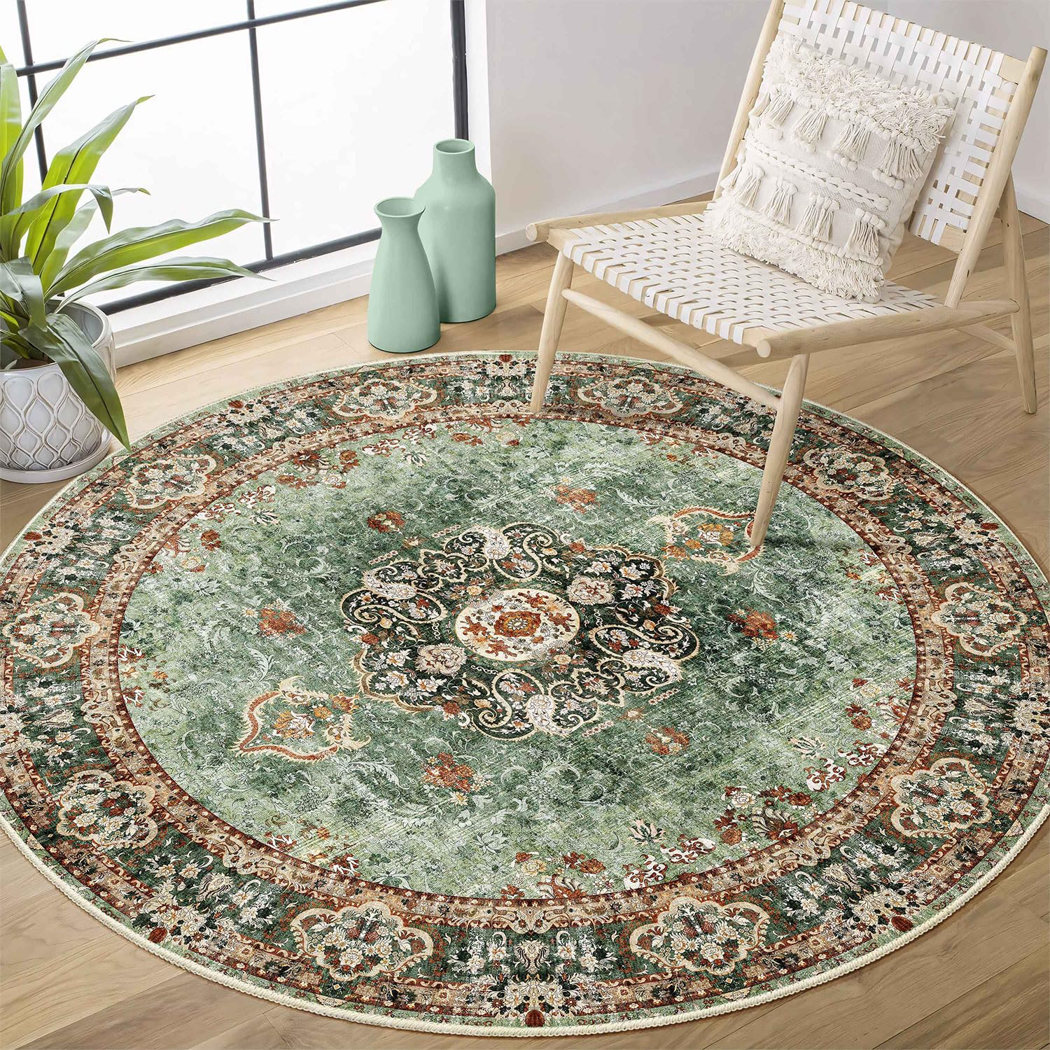 Castage Green Round Rug 4ft,Circle Washable Area Rugs for Bedroom Bathroom Entryway,Boho Vintage Bohemian Distressed Oriental Fl
