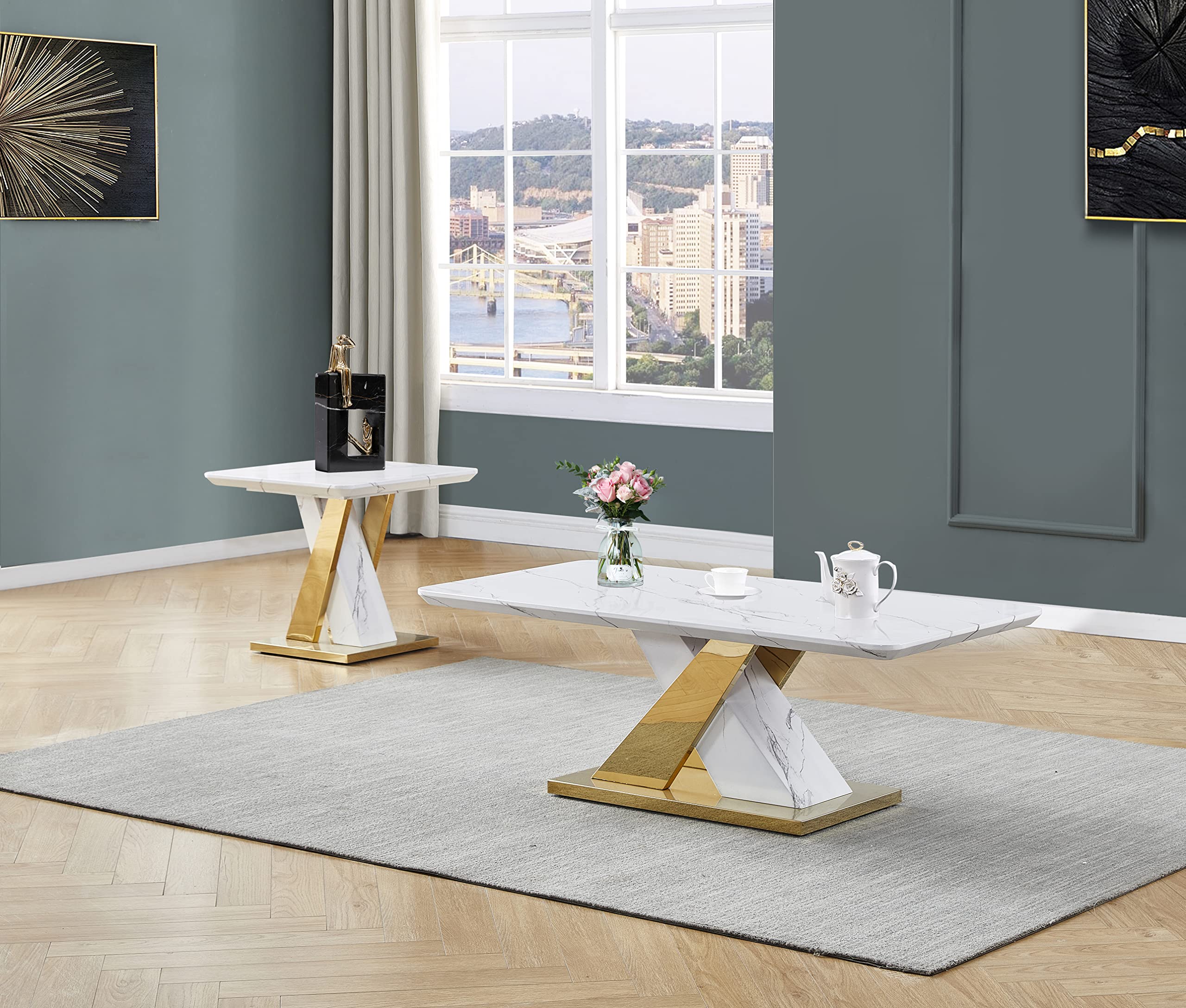 Best Quality Furniture CT297-8 Coffee Table Set, White/Gold