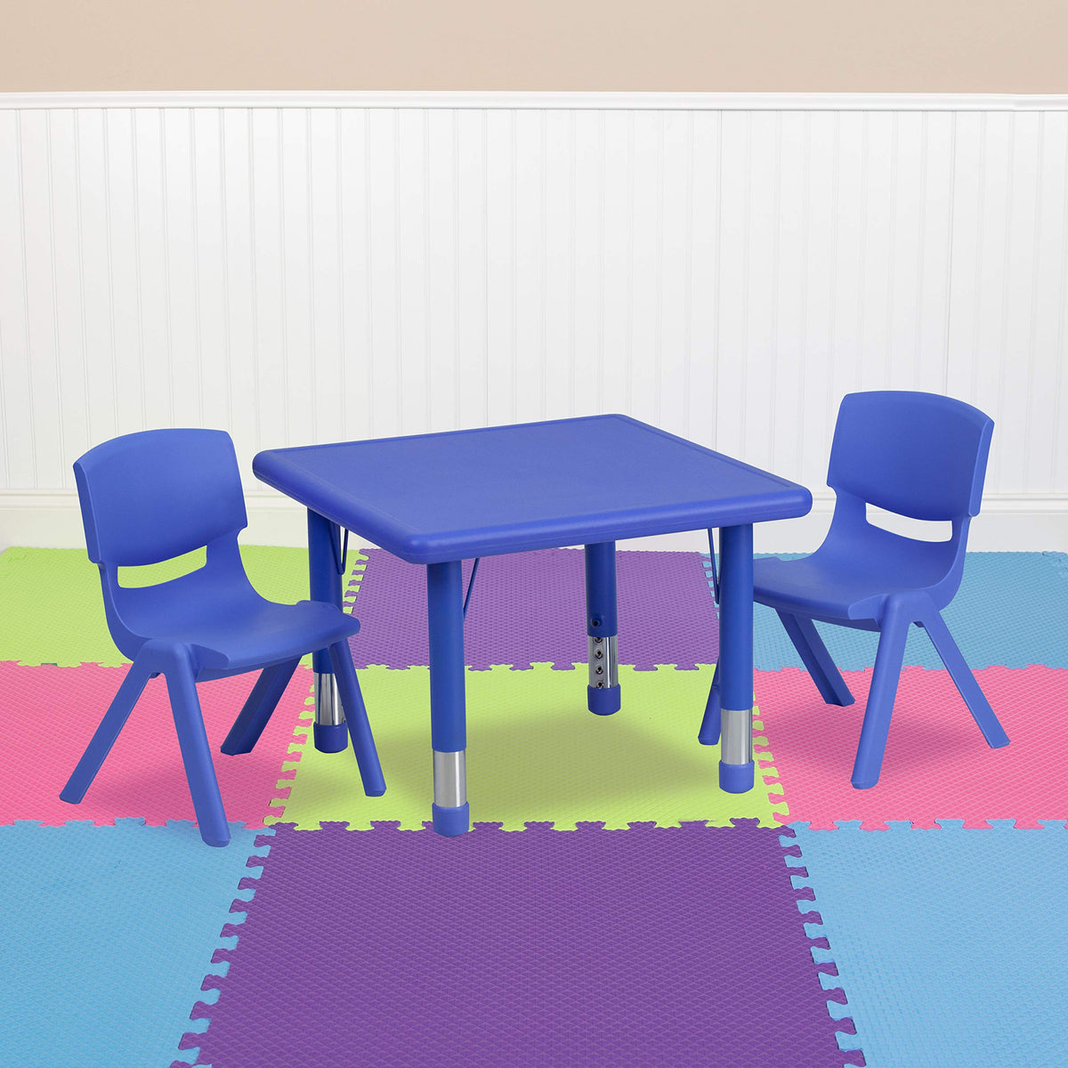 Flash Furniture Emmy 24'' Square Blue Plastic Height Adjustable Activity Table Set with 2 Chairs