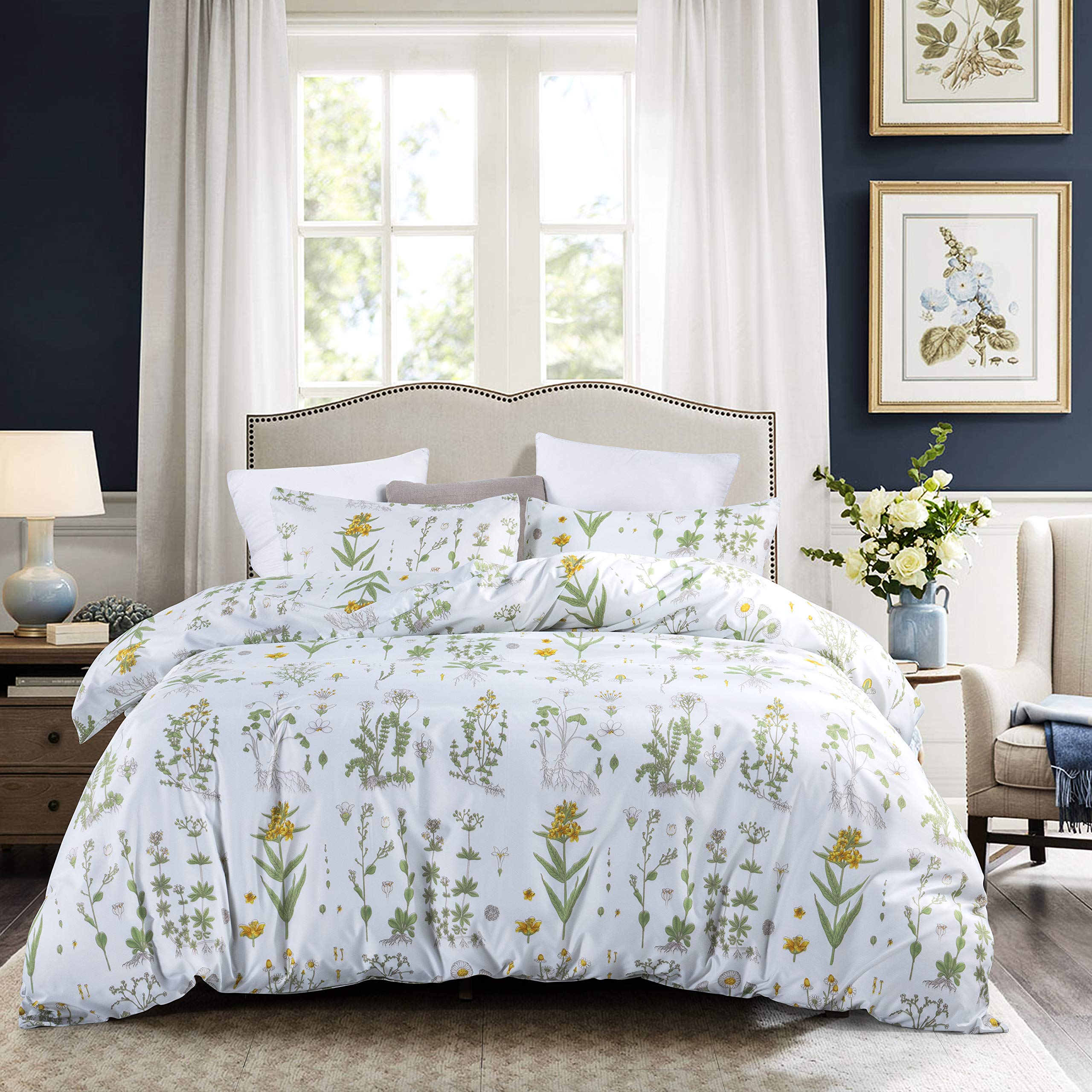 Getiann Floral Duvet Cover Set Full/Queen Comforter Cover Set Spring Plant Printed 90'X90'(1 Comforter Cover And 2 Pillow Sham