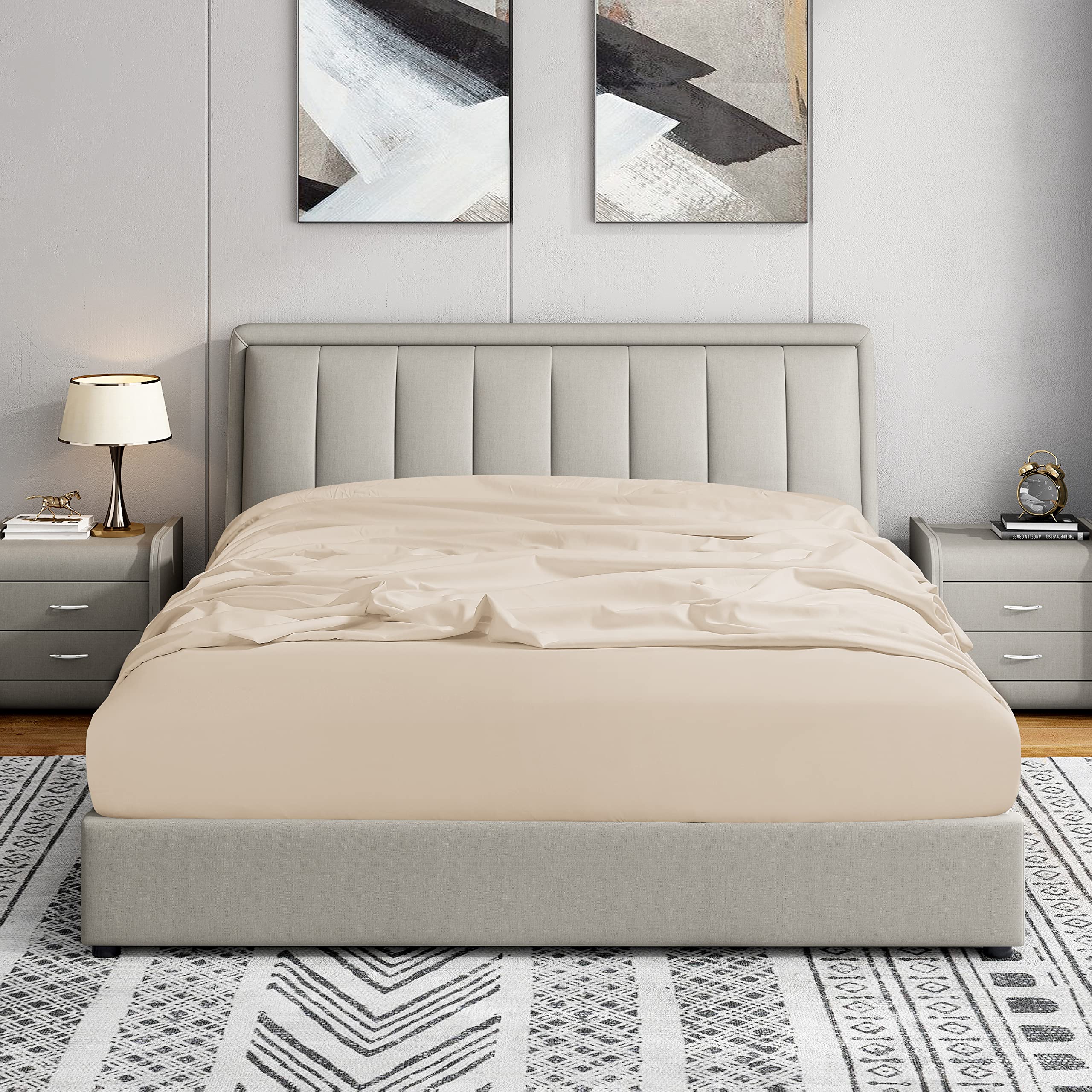 Cathay Home King Fitted Sheet - Double Brushed Ultra Soft – Wrinkle & Fade Resistant - 14' Standard Pocket Fitted Sheet Only - Good Fit For 12'-16' Deep Mattress (King, Cream)