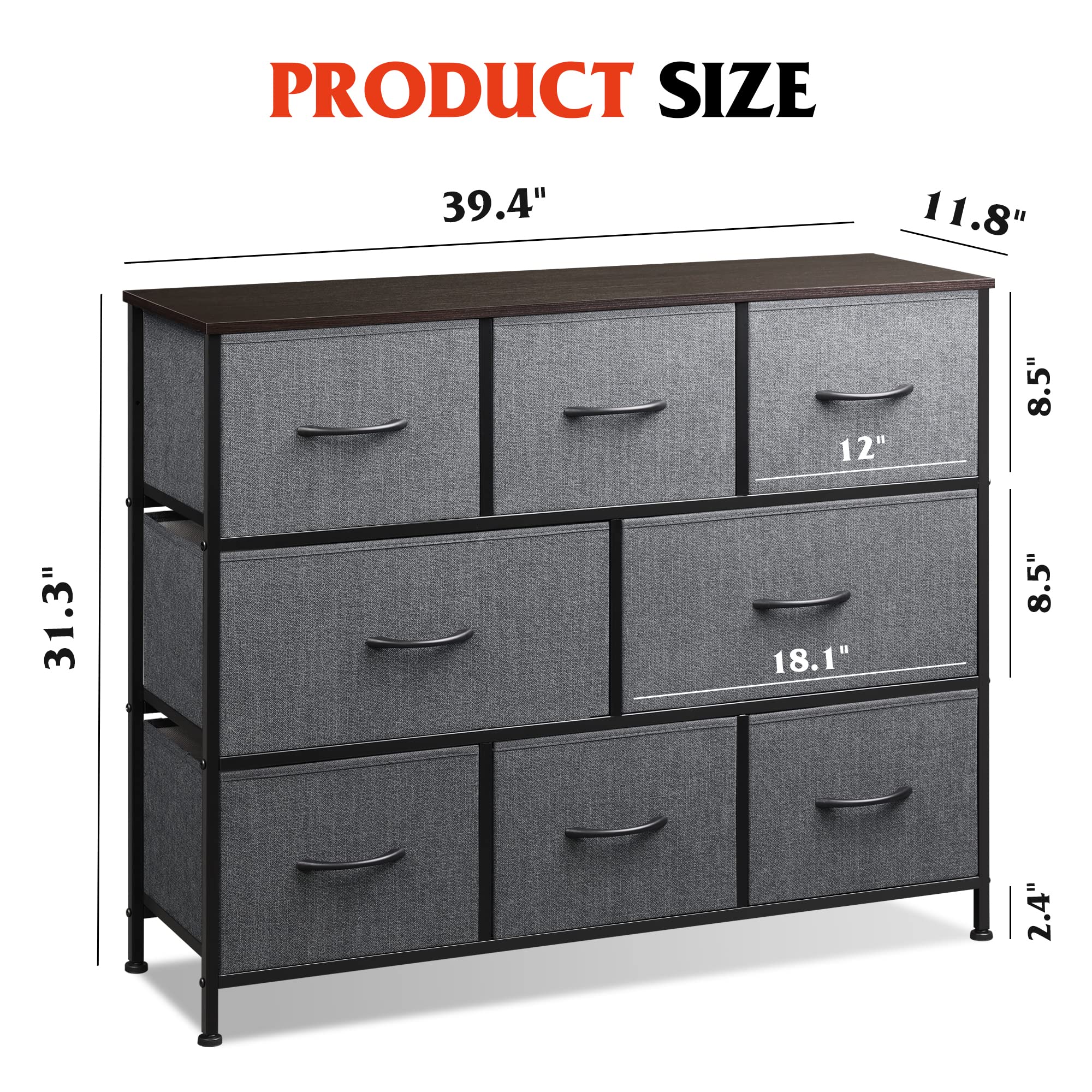 Wlive 8 Drawer Dresser For Bedroom, Fabric Dresser With Large Storage Drawer Unit For Entryway, Chest Of Drawers For Living Room, Dark Grey