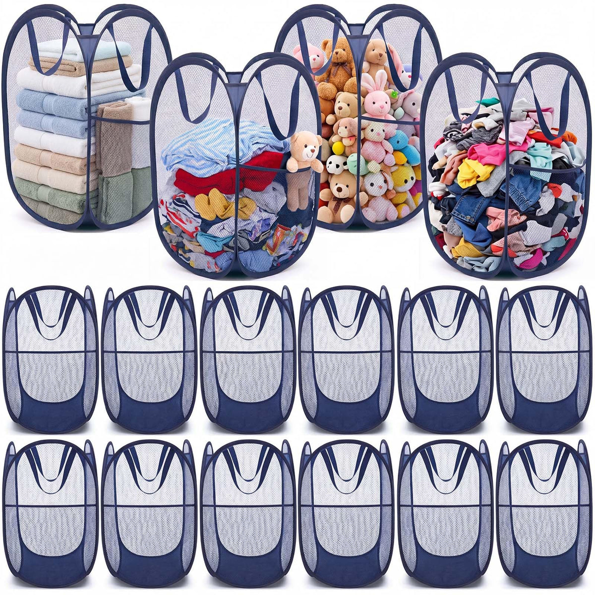 OBreezify 16 Pack Collapsible Pop up Laundry Hamper Bulk, Blue