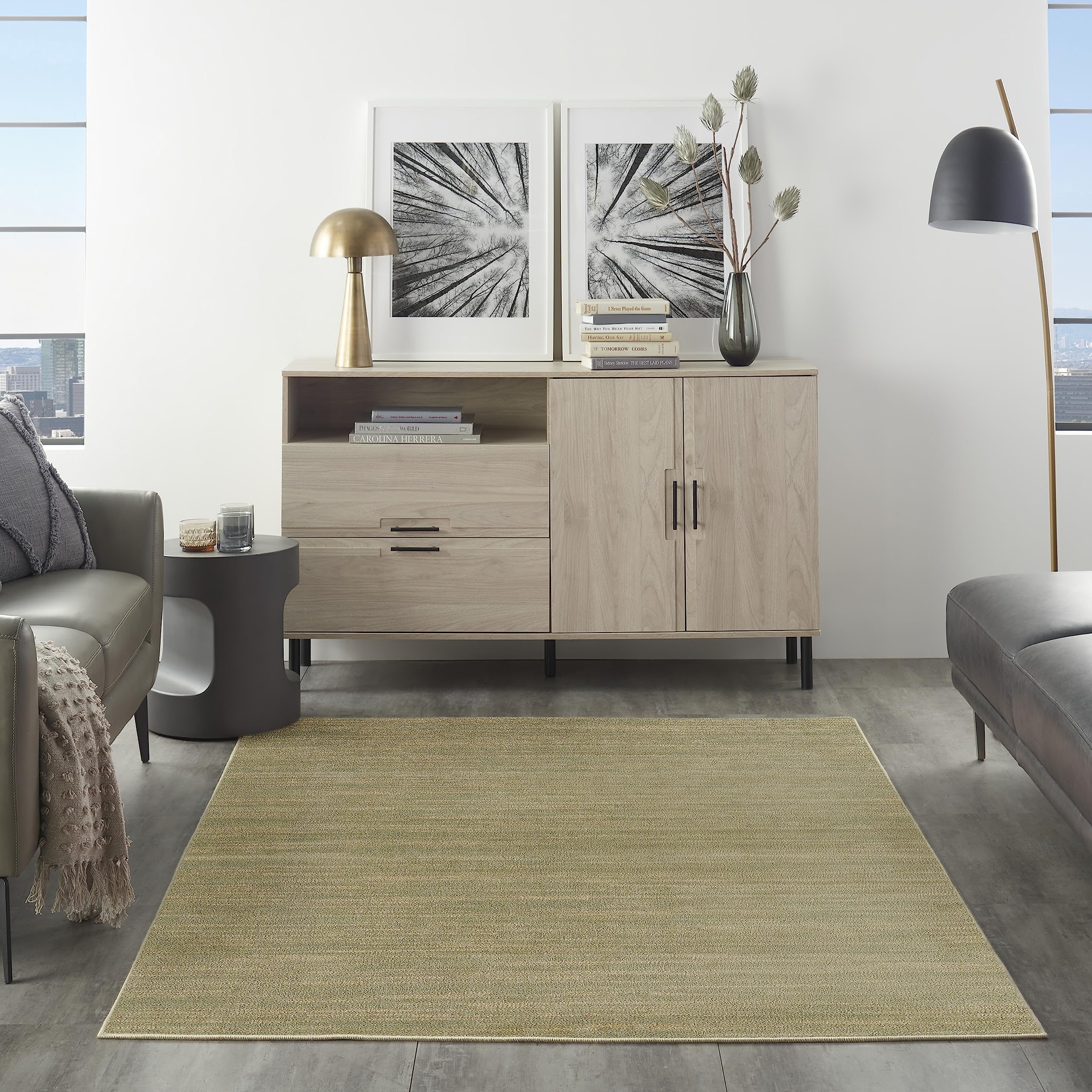 Nourison Essentials Indoor/Outdoor Green Gold 5' X 7' Area Rug, Easy Cleaning, Non Shedding, Bed Room, Living Room, Dining Room, Backyard, Deck, Patio (5X7)