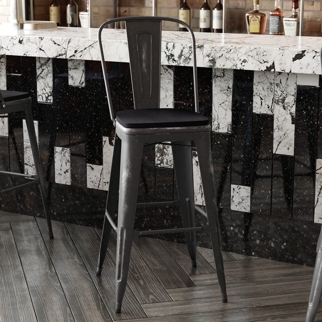 Flash Furniture Carly Commercial Grade 30&Quot; High Black Metal Indoor-Outdoor Bar Height Stool With Back And Black Polystyrene Seat