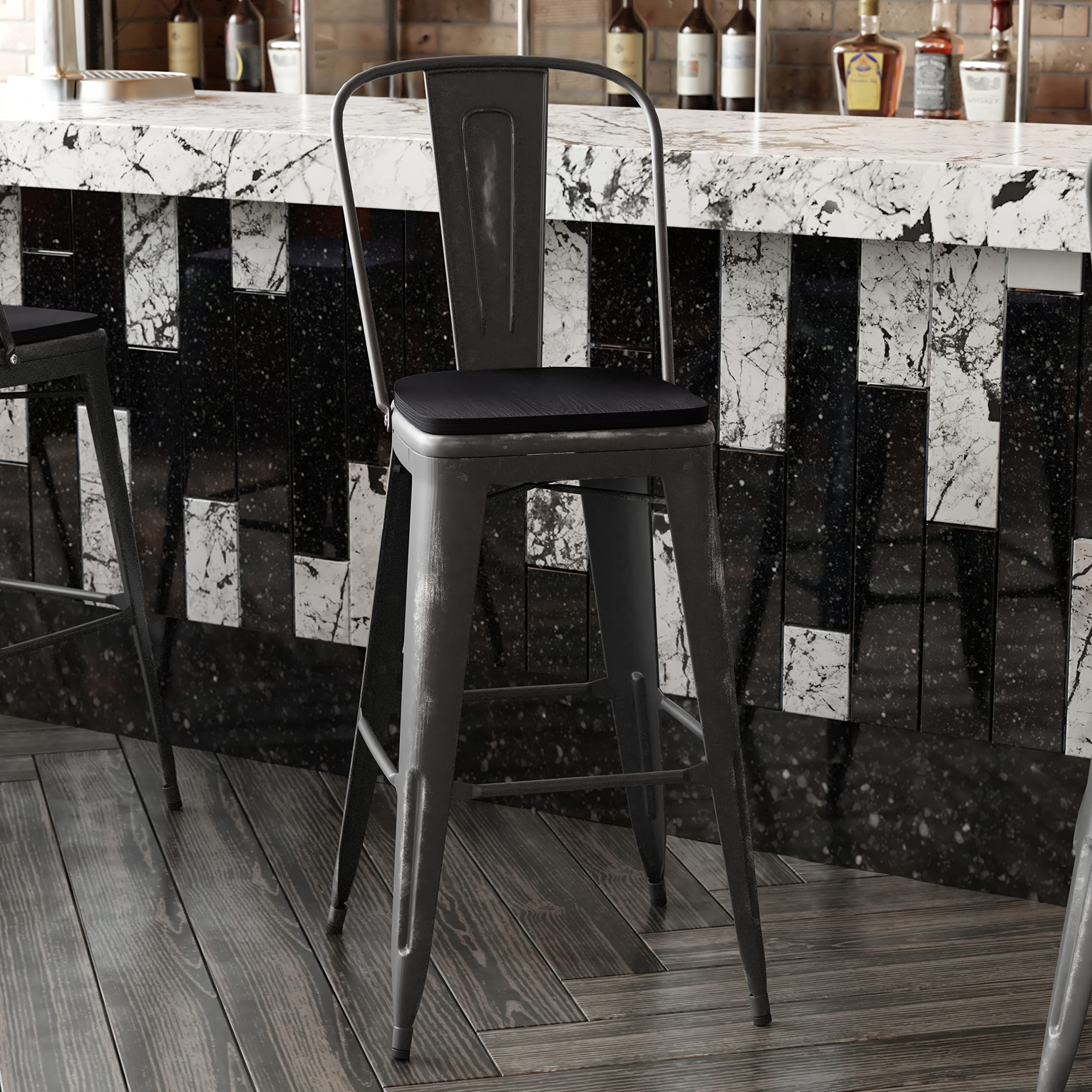 Flash Furniture Carly Commercial Grade 30&Quot; High Black Metal Indoor-Outdoor Bar Height Stool With Back And Black Polystyrene Seat